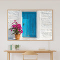 Greek Cyclades Blue Door Print on Stretched Canvas — Cozy Sunlit Mediterranean for the Dining Room, Gift for the Travel Lover You Adore — greek-cyclades-blue-door-canvas-print.jpg