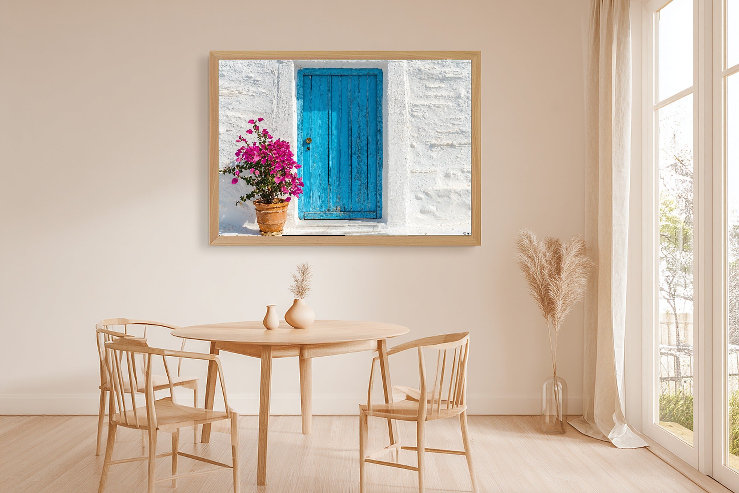 Greek Cyclades Blue Door Print on Stretched Canvas — Cozy Sunlit Mediterranean for the Dining Room, Gift for the Travel Lover You Adore — greek-cyclades-blue-door-dining-room-wall-art.jpg