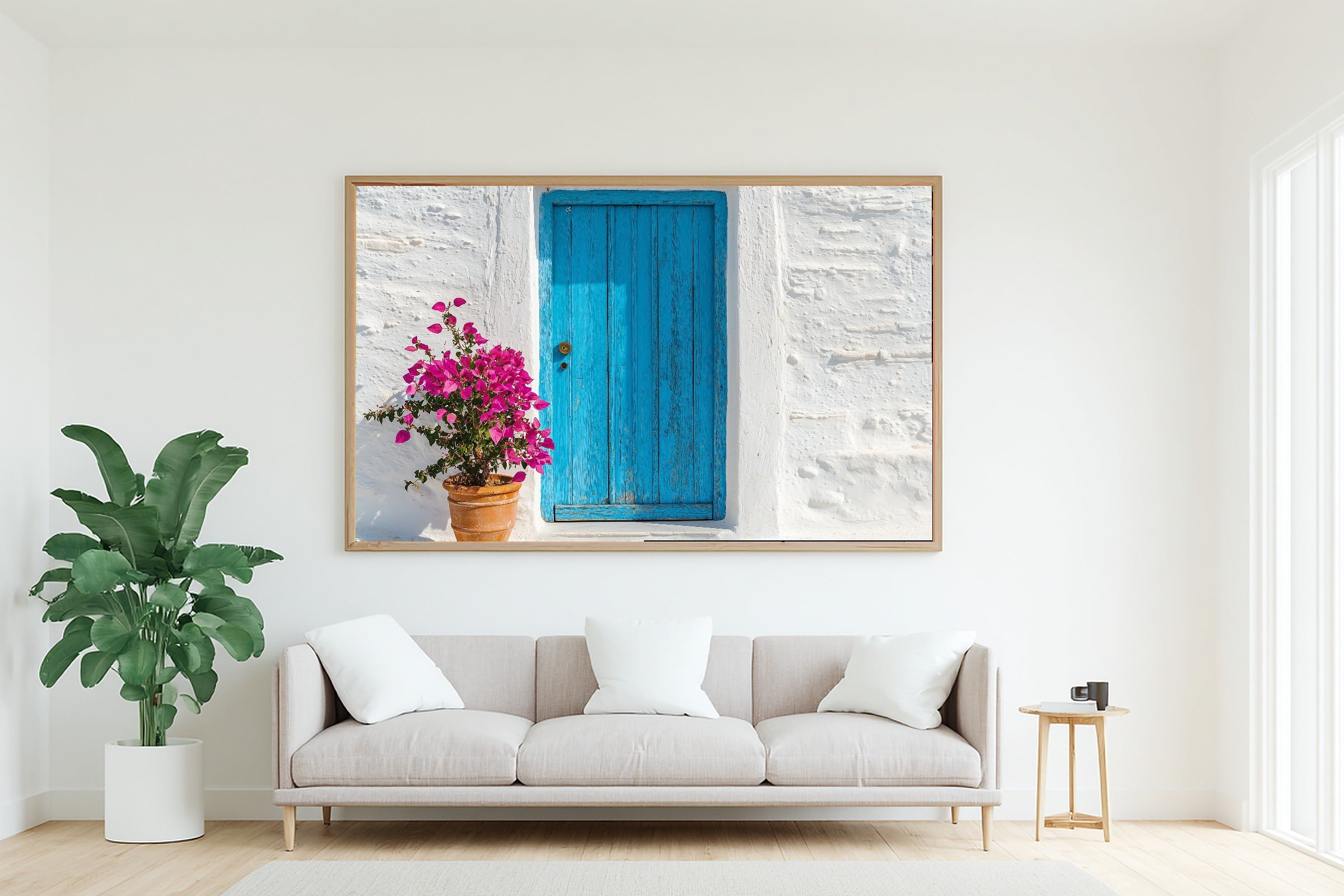 Greek Cyclades Blue Door Print on Stretched Canvas — Cozy Sunlit Mediterranean for the Dining Room, Gift for the Travel Lover You Adore — greek-cyclades-blue-door-living-room-wall-art.jpg