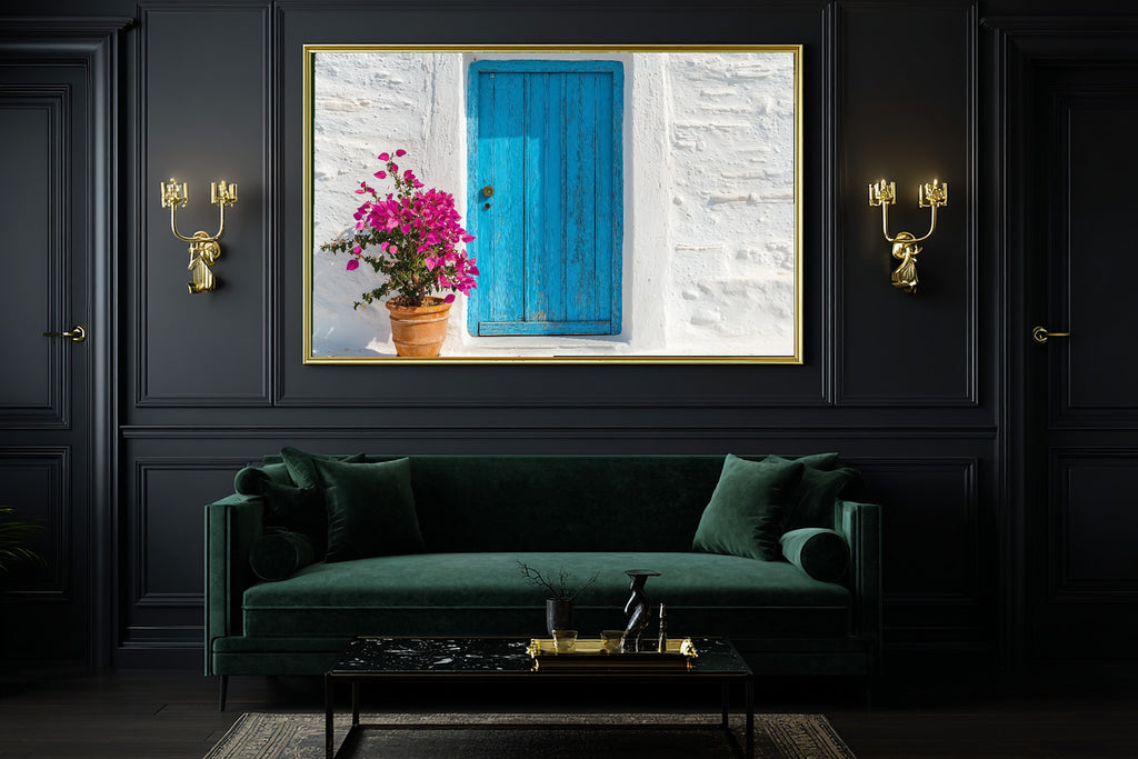Greek Cyclades Blue Door Print on Stretched Canvas — Cozy Sunlit Mediterranean for the Dining Room, Gift for the Travel Lover You Adore — greek-cyclades-blue-door-office-wall-art.jpg