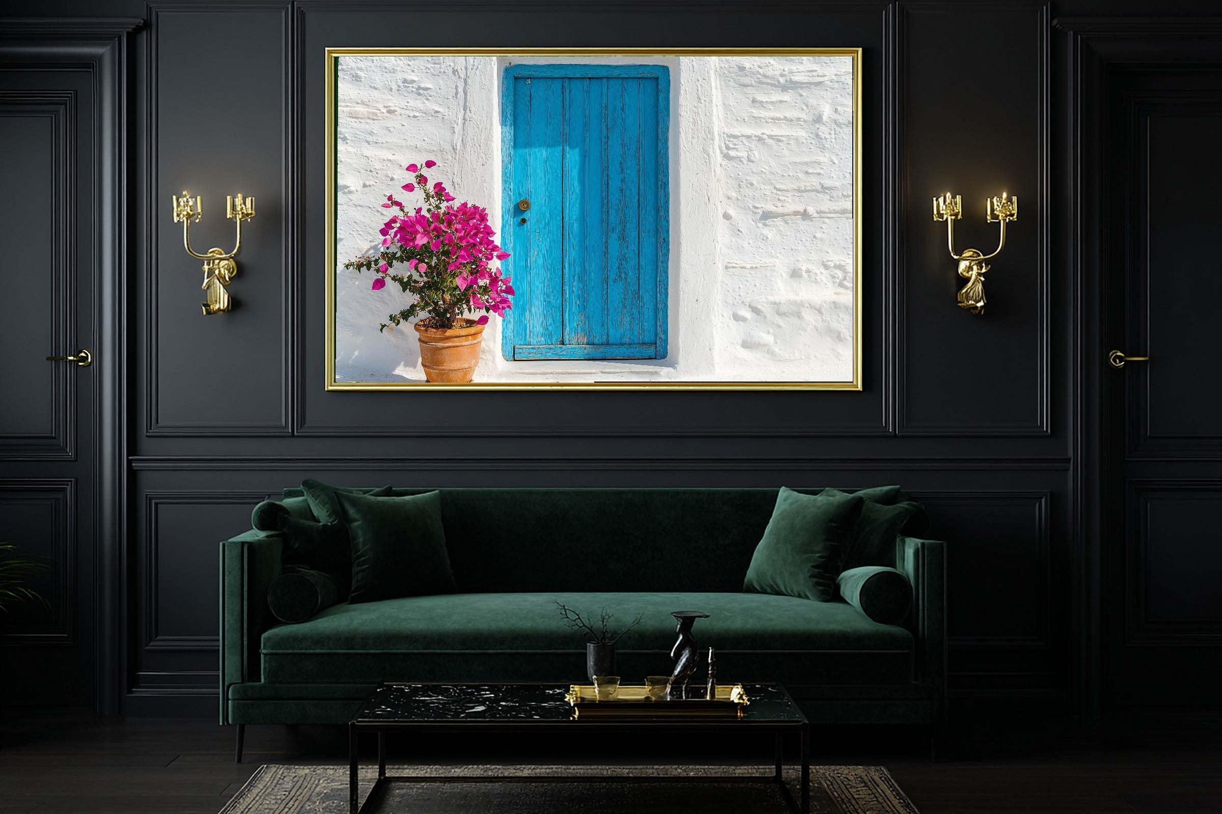 Greek Cyclades Blue Door Print on Stretched Canvas — Cozy Sunlit Mediterranean for the Dining Room, Gift for the Travel Lover You Adore — greek-cyclades-blue-door-office-wall-art.jpg
