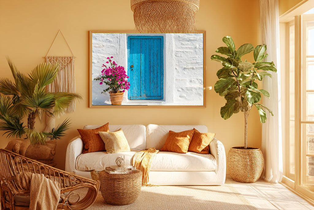 Greek Cyclades Blue Door Print on Stretched Canvas — Cozy Sunlit Mediterranean for the Dining Room, Gift for the Travel Lover You Adore — greek-cyclades-blue-door-room-5-wall-art.jpg