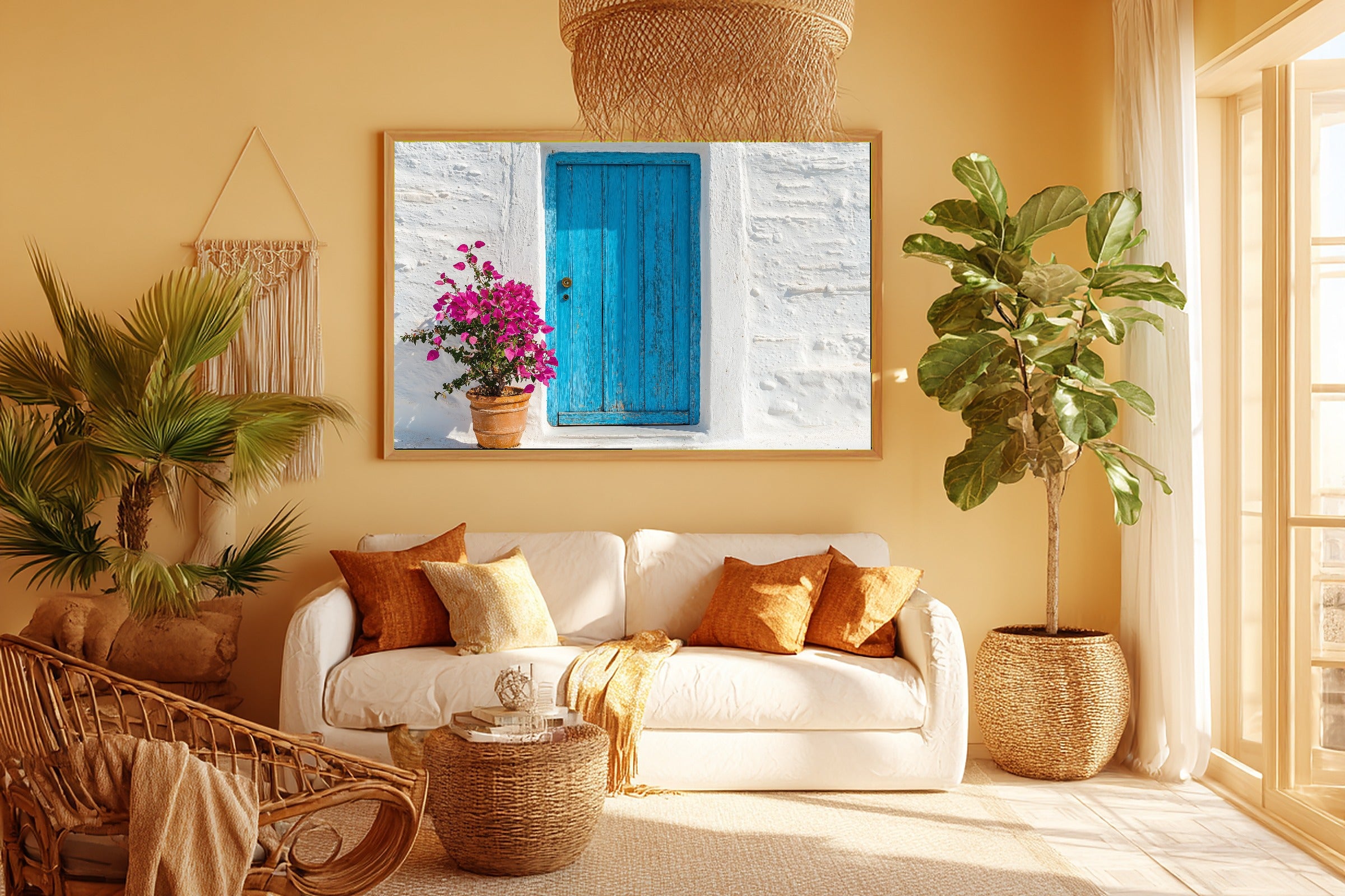 Greek Cyclades Blue Door Print on Stretched Canvas — Cozy Sunlit Mediterranean for the Dining Room, Gift for the Travel Lover You Adore — greek-cyclades-blue-door-room-5-wall-art.jpg