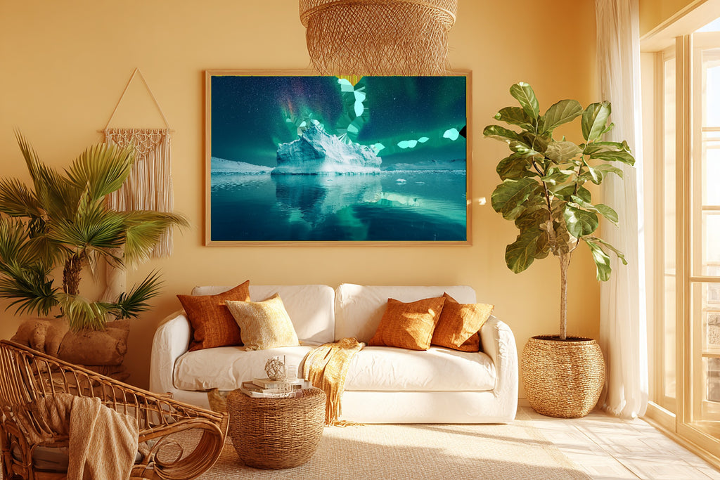 Greenland Iceberg Aurora Soft Nordic Wall Art — Stunning Print for the Bedroom, Stretched Canvas Gift for the Aurora Chaser Next Door — greenland-iceberg-aurora-room-5-wall-art.jpg