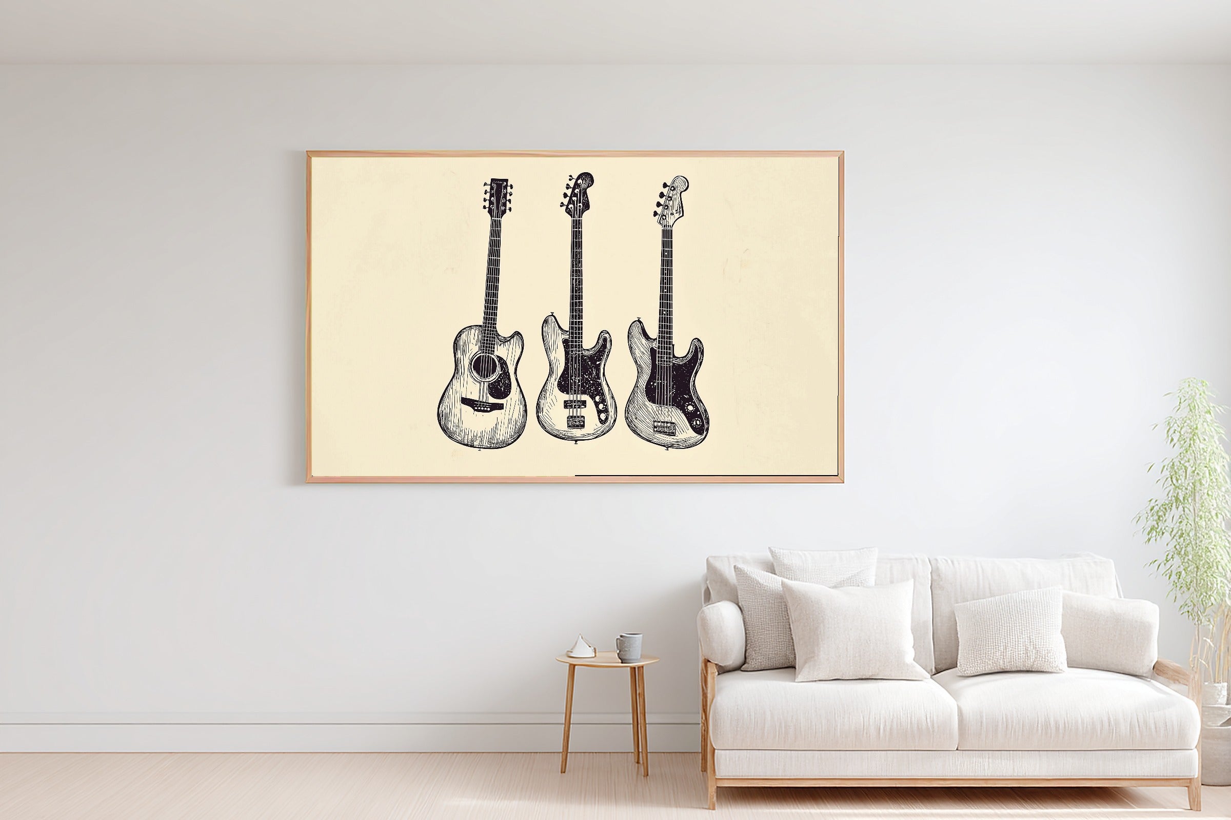 Guitar Line Art Trio Soft Painterly Wall Art — Soulful Print for the Living Room, Stretched Canvas Gift for the Art Lover in Your Life — guitar-line-art-trio-bedroom-wall-art.jpg