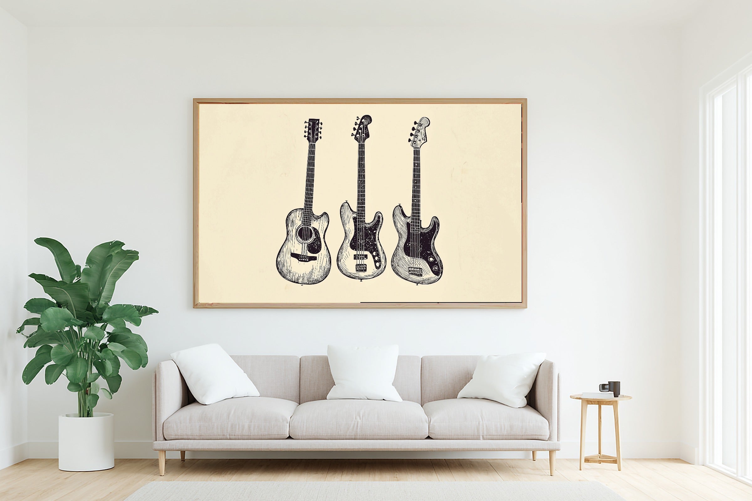 Guitar Line Art Trio Soft Painterly Wall Art — Soulful Print for the Living Room, Stretched Canvas Gift for the Art Lover in Your Life — guitar-line-art-trio-living-room-wall-art.jpg