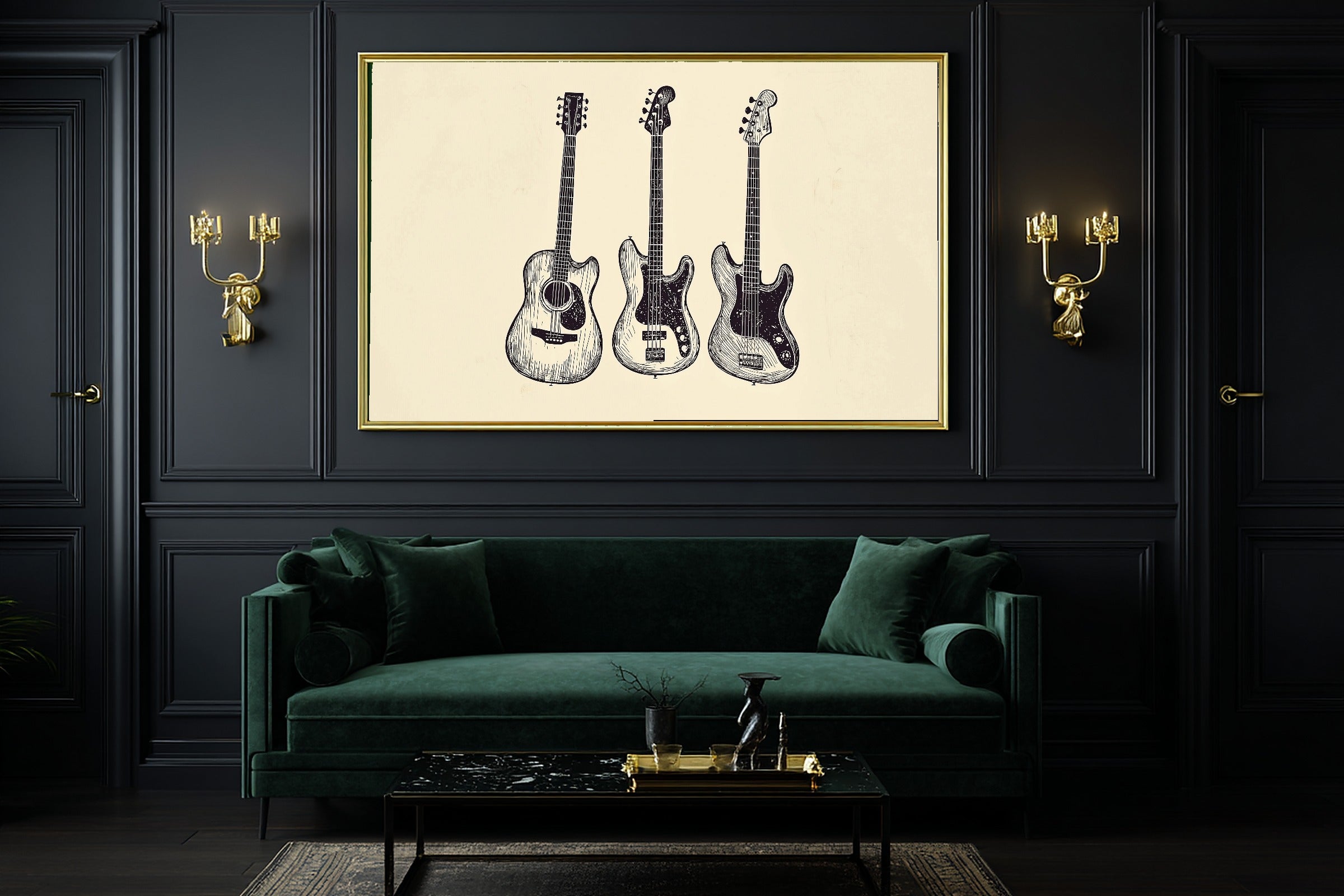 Guitar Line Art Trio Soft Painterly Wall Art — Soulful Print for the Living Room, Stretched Canvas Gift for the Art Lover in Your Life — guitar-line-art-trio-office-wall-art.jpg