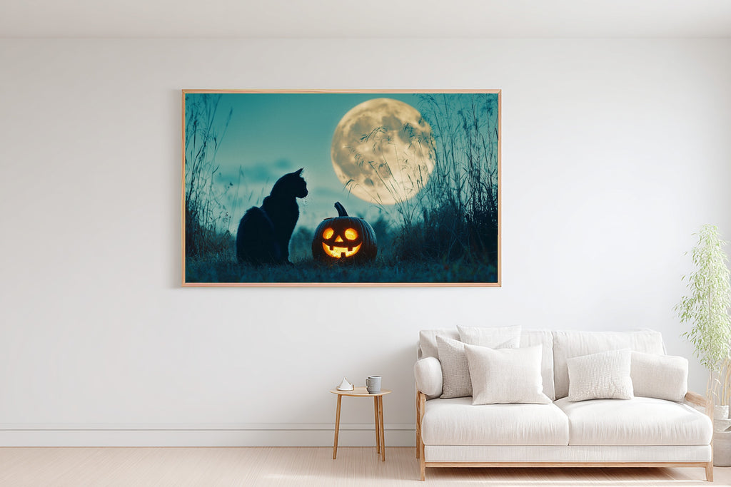 Halloween Black Cat Pumpkin Moon Soft Ocean Wall Art — Warm Print for the Beach House, Stretched Canvas Gift for the Coastal Soul — halloween-black-cat-pumpkin-moon-bedroom-wall-art.jpg