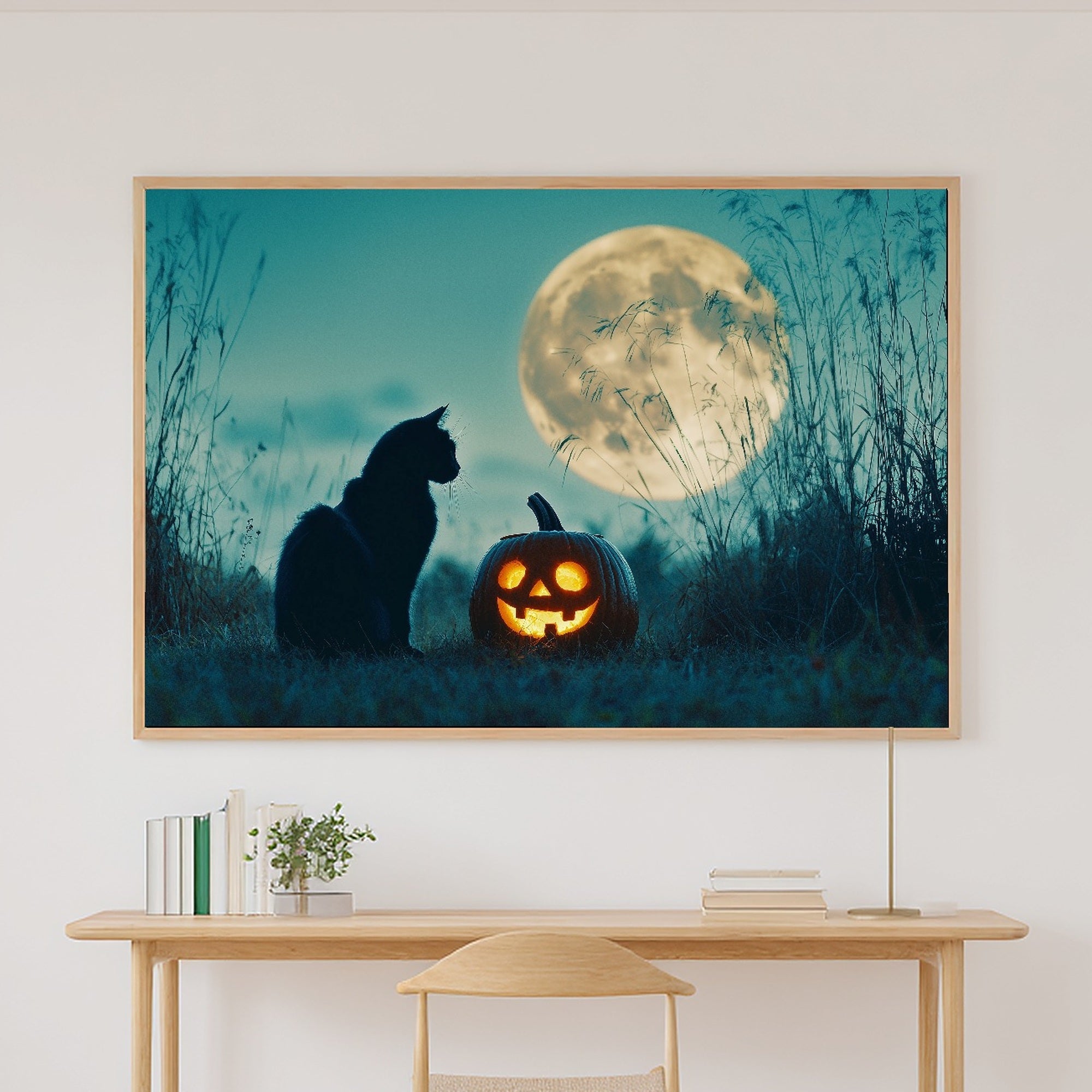 Halloween Black Cat Pumpkin Moon Soft Ocean Wall Art — Warm Print for the Beach House, Stretched Canvas Gift for the Coastal Soul — halloween-black-cat-pumpkin-moon-canvas-print.jpg