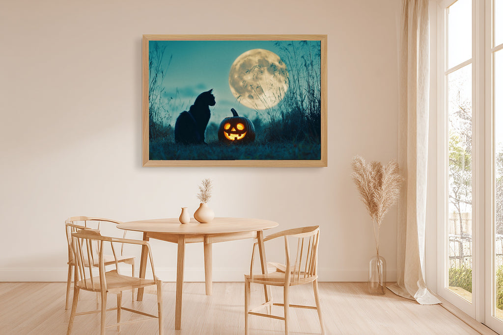 Halloween Black Cat Pumpkin Moon Soft Ocean Wall Art — Warm Print for the Beach House, Stretched Canvas Gift for the Coastal Soul — halloween-black-cat-pumpkin-moon-dining-room-wall-art.jpg