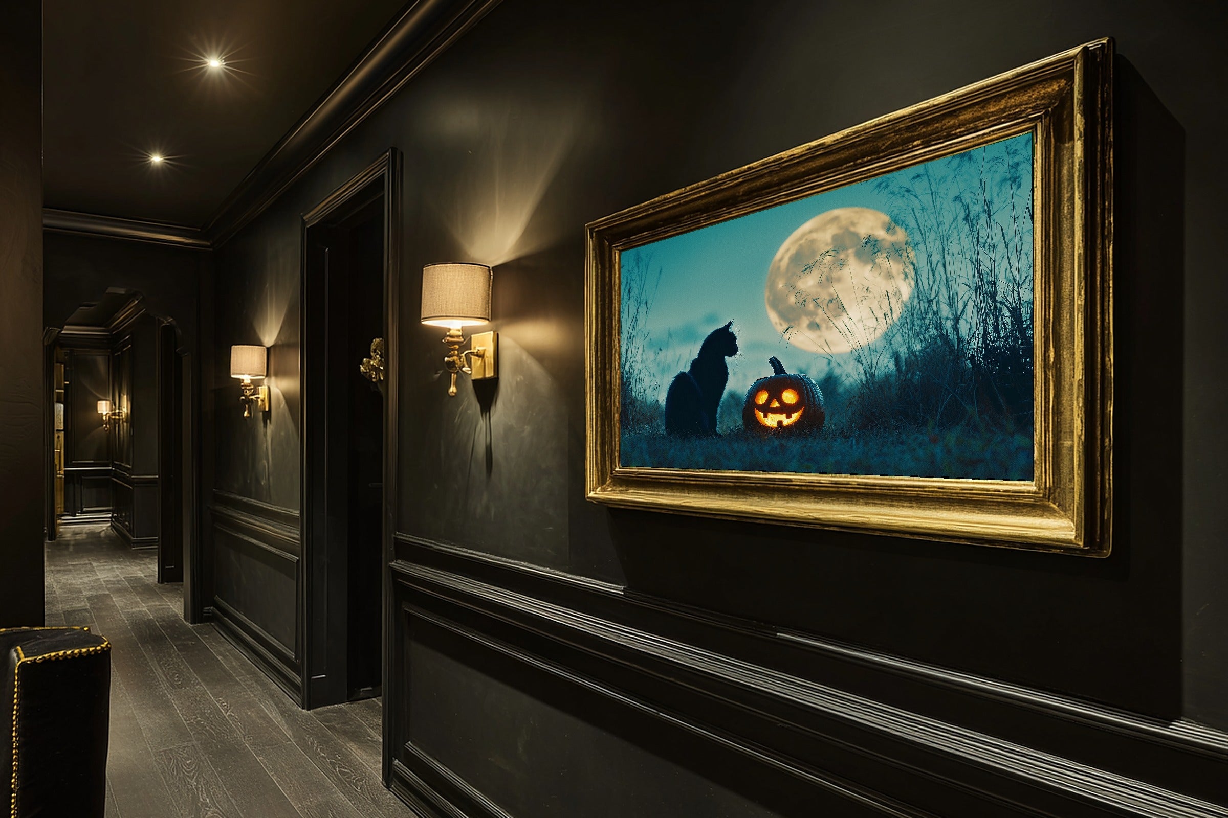 Halloween Black Cat Pumpkin Moon Soft Ocean Wall Art — Warm Print for the Beach House, Stretched Canvas Gift for the Coastal Soul — halloween-black-cat-pumpkin-moon-hallway-wall-art.jpg