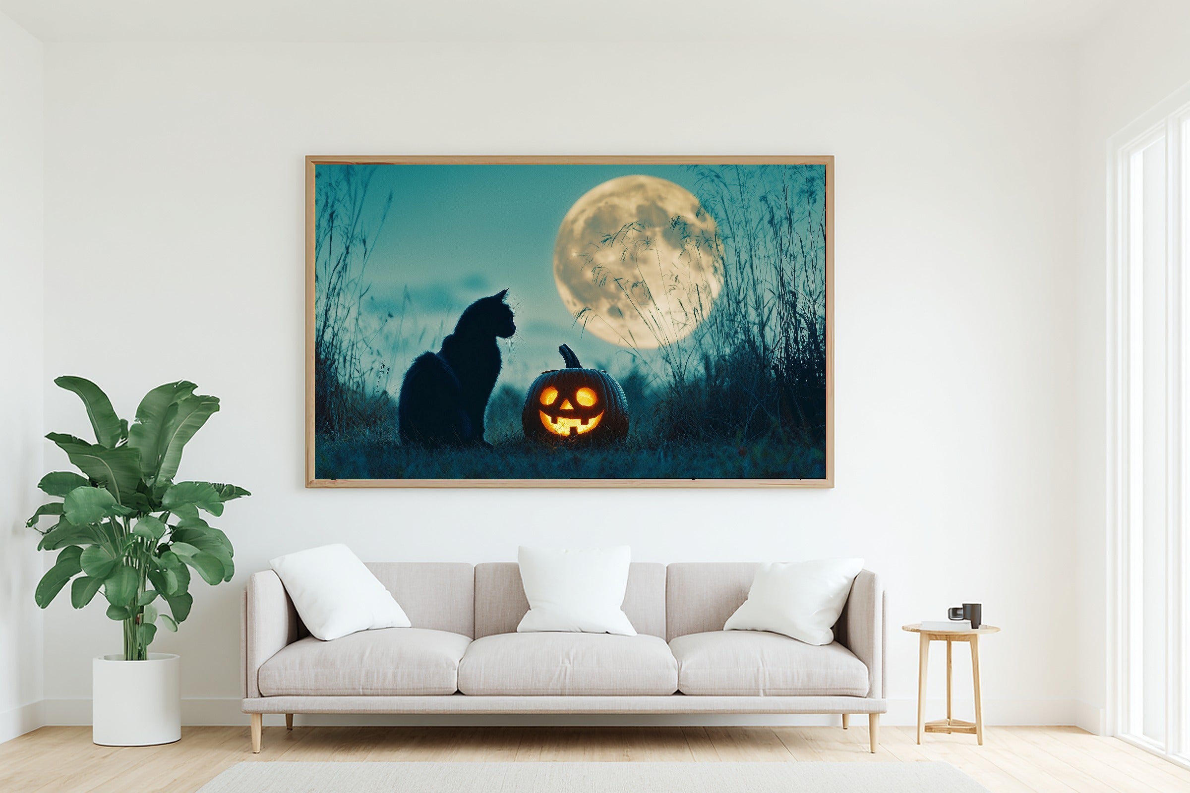 Halloween Black Cat Pumpkin Moon Soft Ocean Wall Art — Warm Print for the Beach House, Stretched Canvas Gift for the Coastal Soul — halloween-black-cat-pumpkin-moon-living-room-wall-art.jpg
