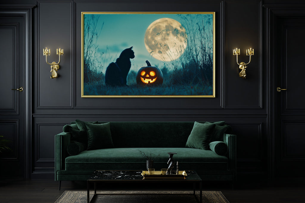 Halloween Black Cat Pumpkin Moon Soft Ocean Wall Art — Warm Print for the Beach House, Stretched Canvas Gift for the Coastal Soul — halloween-black-cat-pumpkin-moon-office-wall-art.jpg