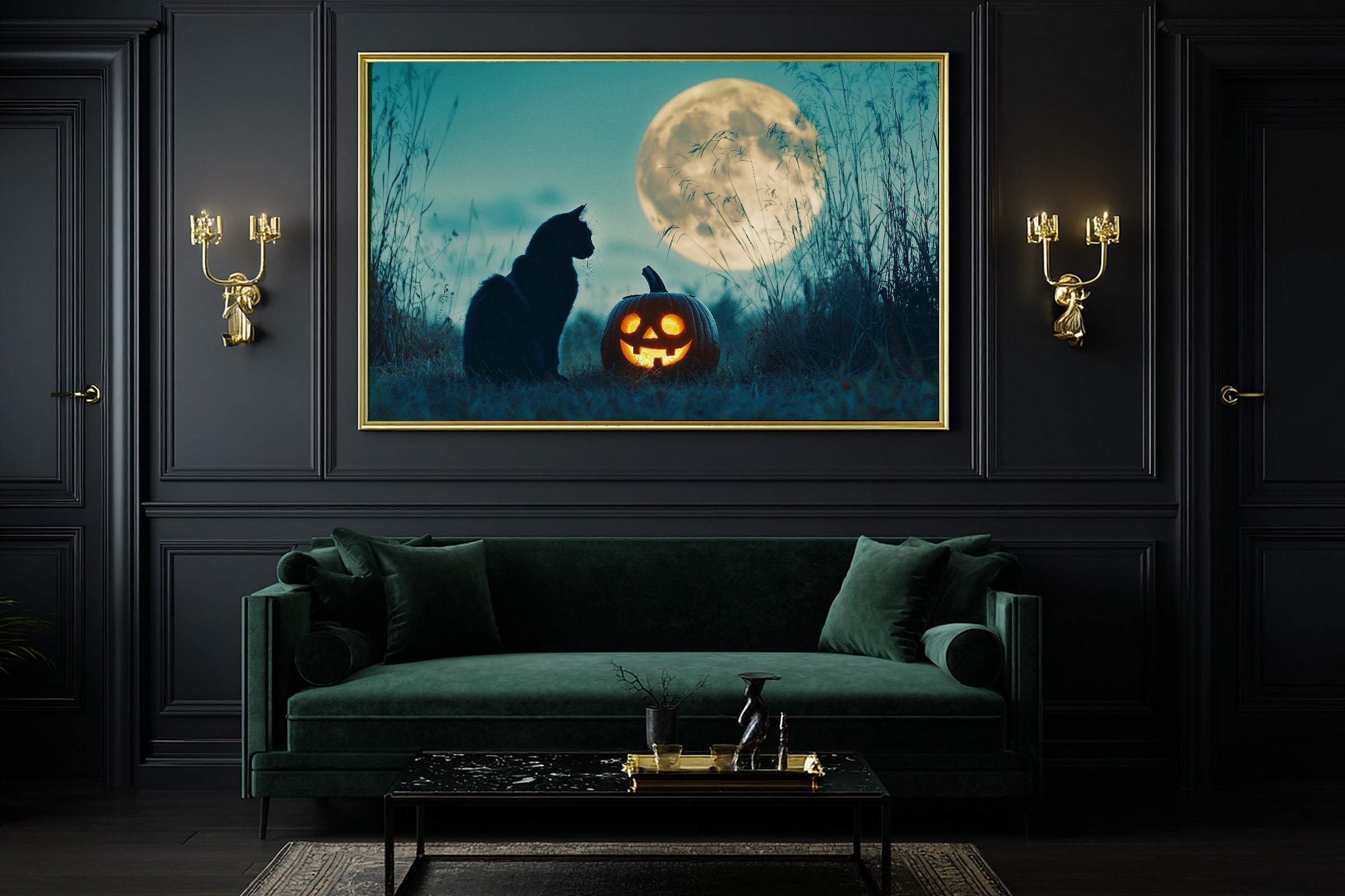 Halloween Black Cat Pumpkin Moon Soft Ocean Wall Art — Warm Print for the Beach House, Stretched Canvas Gift for the Coastal Soul — halloween-black-cat-pumpkin-moon-office-wall-art.jpg
