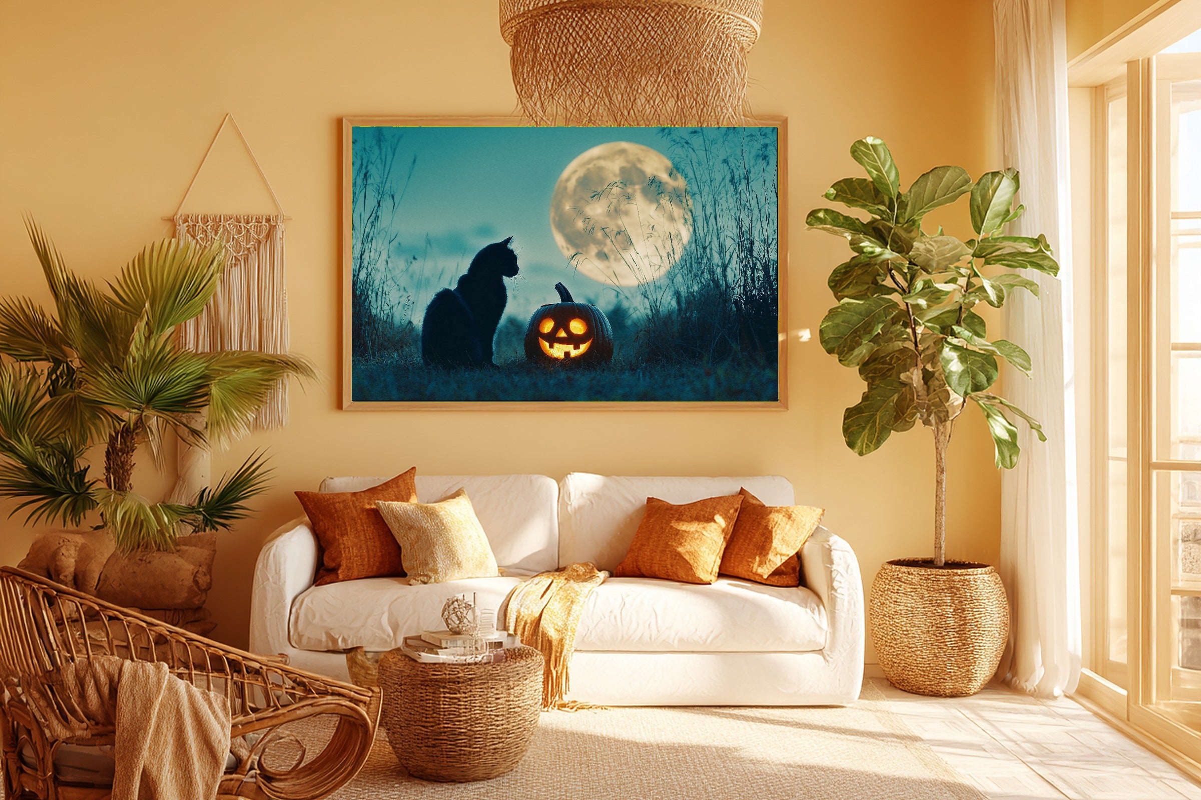 Halloween Black Cat Pumpkin Moon Soft Ocean Wall Art — Warm Print for the Beach House, Stretched Canvas Gift for the Coastal Soul — halloween-black-cat-pumpkin-moon-room-5-wall-art.jpg