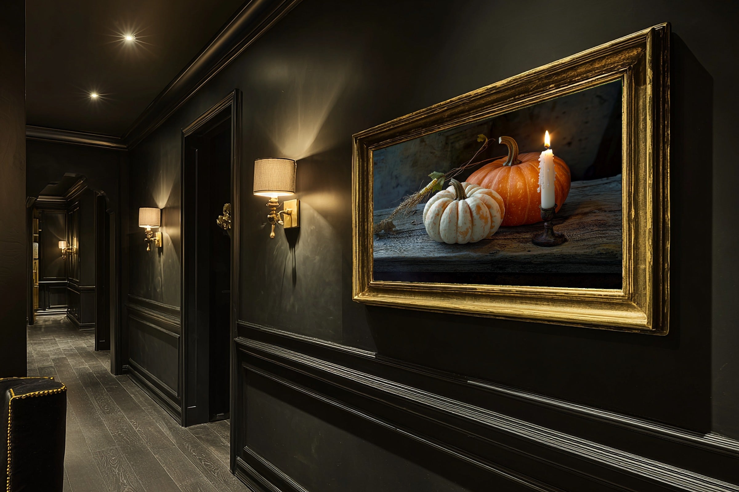 Halloween Moody Pumpkin Still Life Soft Ocean Wall Art — Heartfelt Print for the Beach House, Stretched Canvas Gift for the Coastal Soul — halloween-moody-pumpkin-still-life-hallway-wall-art.jpg