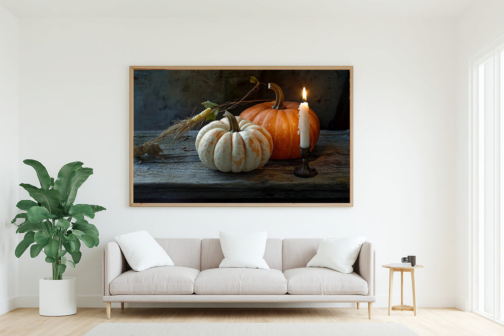 Halloween Moody Pumpkin Still Life Soft Ocean Wall Art — Heartfelt Print for the Beach House, Stretched Canvas Gift for the Coastal Soul — halloween-moody-pumpkin-still-life-living-room-wall-art.jpg
