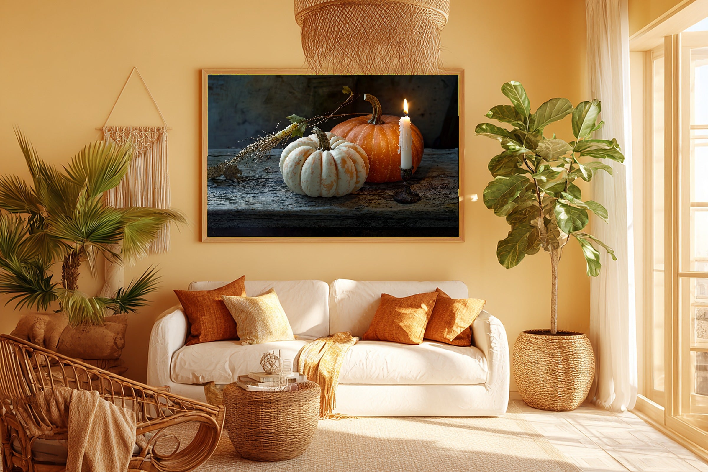 Halloween Moody Pumpkin Still Life Soft Ocean Wall Art — Heartfelt Print for the Beach House, Stretched Canvas Gift for the Coastal Soul — halloween-moody-pumpkin-still-life-room-5-wall-art.jpg