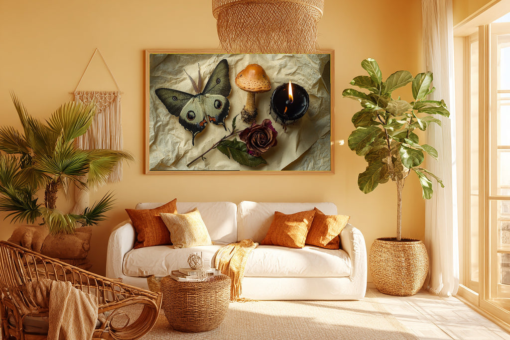 Soft Ocean Halloween Mushroom Moth Occult Canvas Wall Art — Timeless Print for the Beach House, A Gift the Coastal Soul Will Adore — halloween-mushroom-moth-occult-room-5-wall-art.jpg