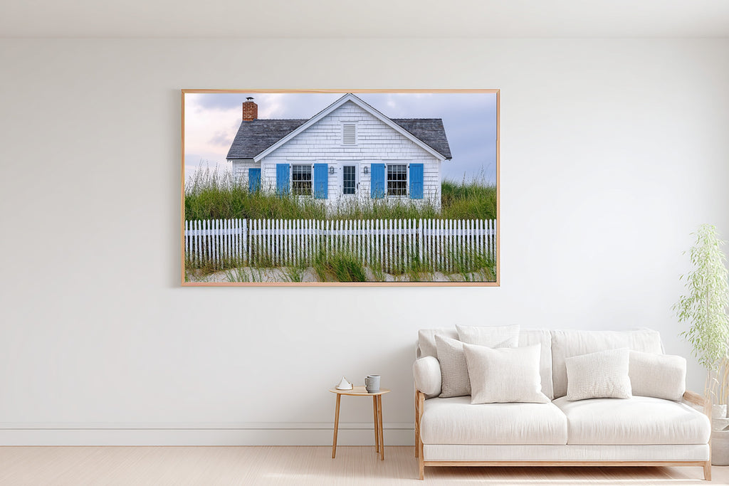 Soulful Hamptons Beach House Blue Shutters — Sunlit Palm Wall Art, Warm Sunroom Decor, Stretched Canvas, Ready to Hang — hamptons-beach-house-blue-shutters-bedroom-wall-art.jpg