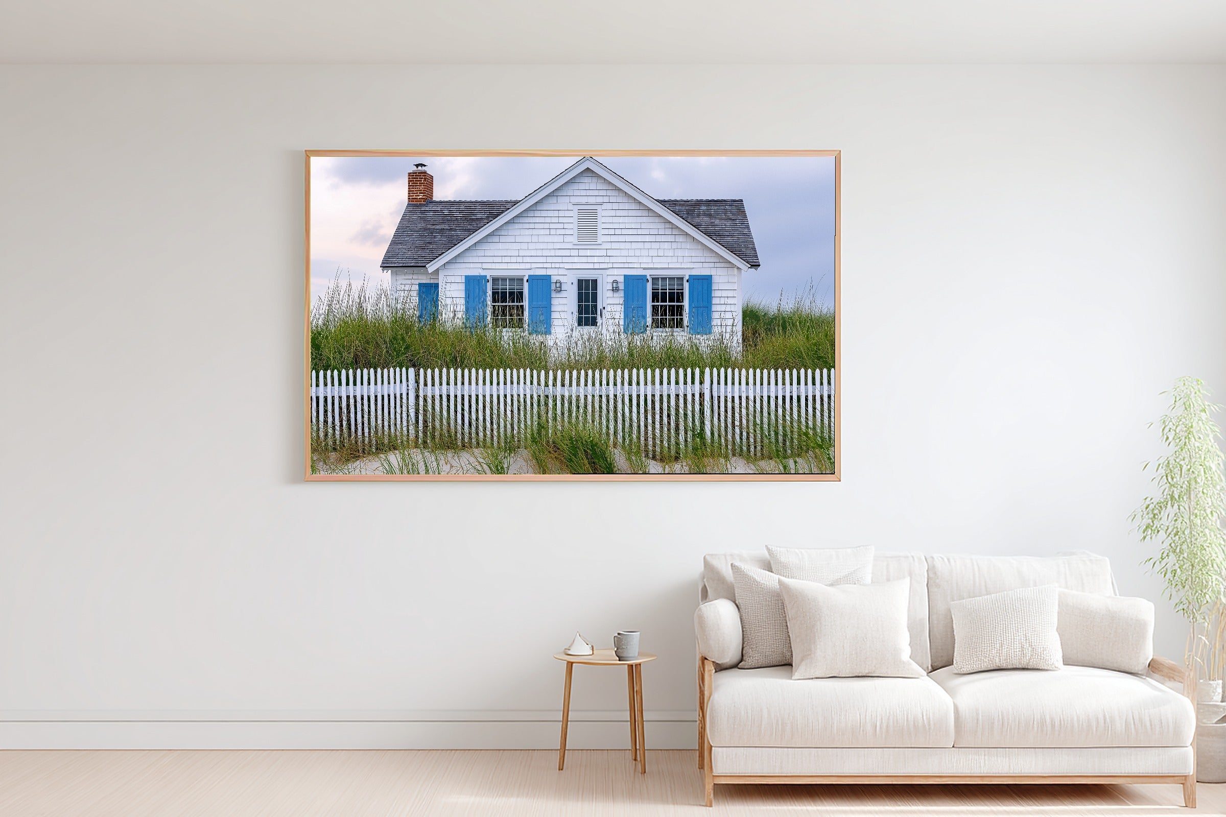 Soulful Hamptons Beach House Blue Shutters — Sunlit Palm Wall Art, Warm Sunroom Decor, Stretched Canvas, Ready to Hang — hamptons-beach-house-blue-shutters-bedroom-wall-art.jpg