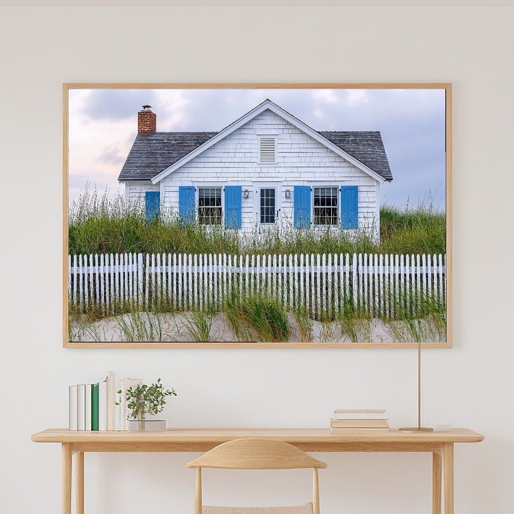 Soulful Hamptons Beach House Blue Shutters — Sunlit Palm Wall Art, Warm Sunroom Decor, Stretched Canvas, Ready to Hang — hamptons-beach-house-blue-shutters-canvas-print.jpg