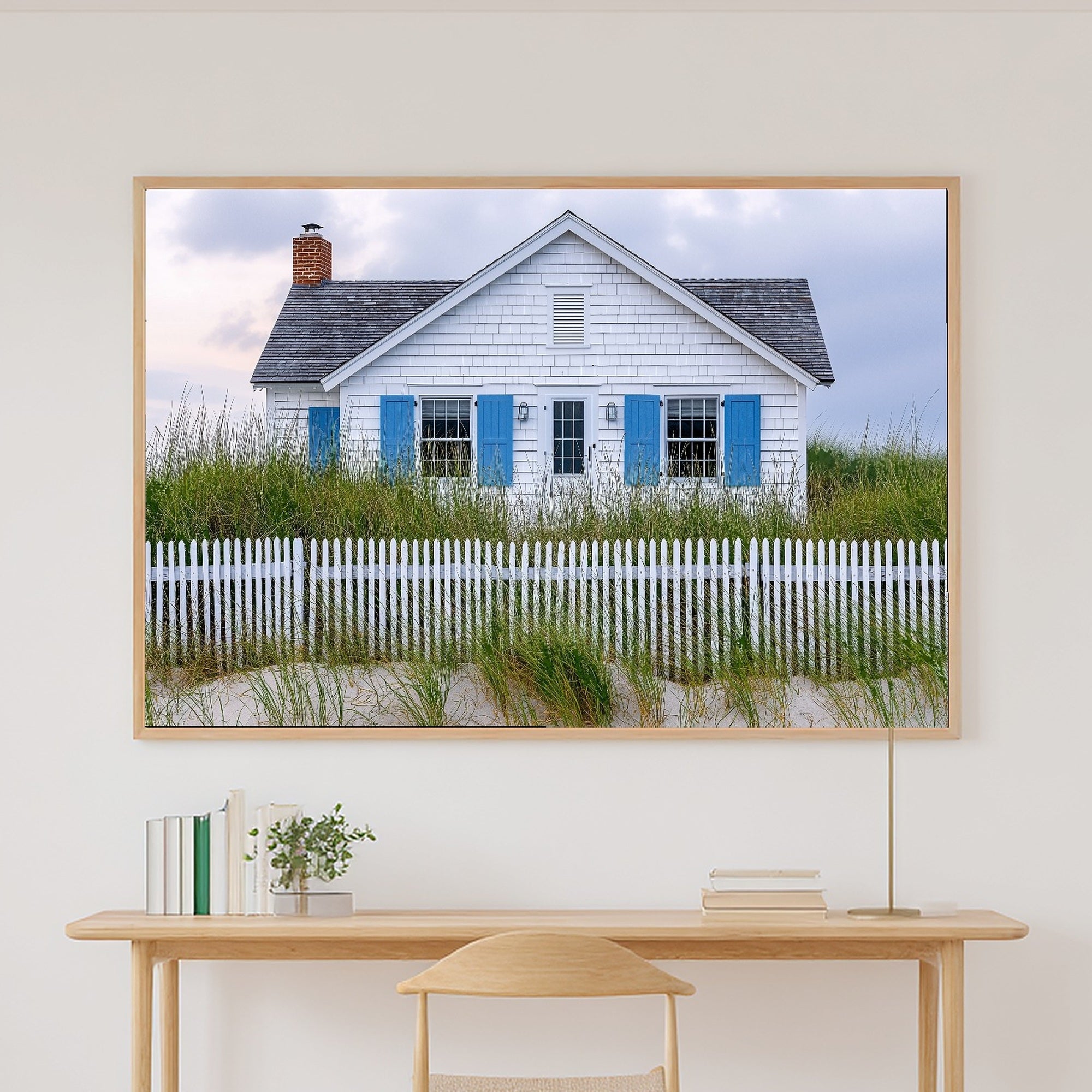 Soulful Hamptons Beach House Blue Shutters — Sunlit Palm Wall Art, Warm Sunroom Decor, Stretched Canvas, Ready to Hang — hamptons-beach-house-blue-shutters-canvas-print.jpg