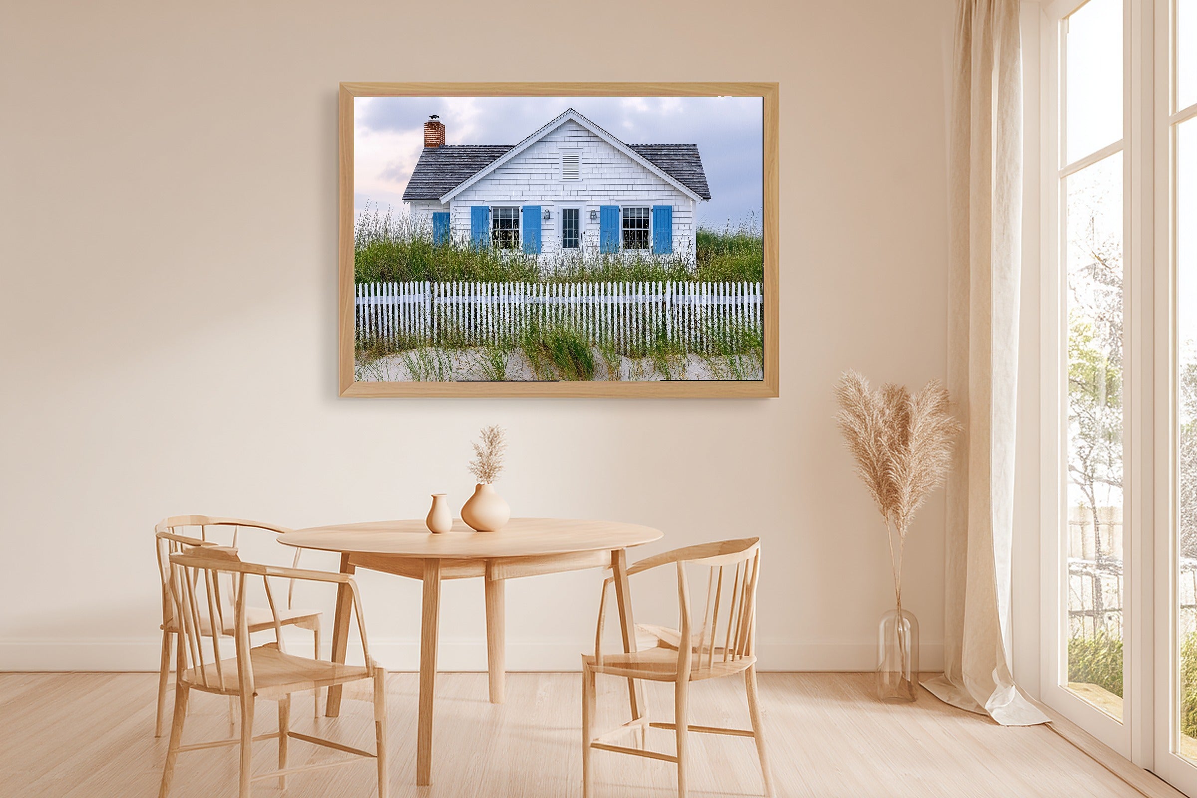 Soulful Hamptons Beach House Blue Shutters — Sunlit Palm Wall Art, Warm Sunroom Decor, Stretched Canvas, Ready to Hang — hamptons-beach-house-blue-shutters-dining-room-wall-art.jpg