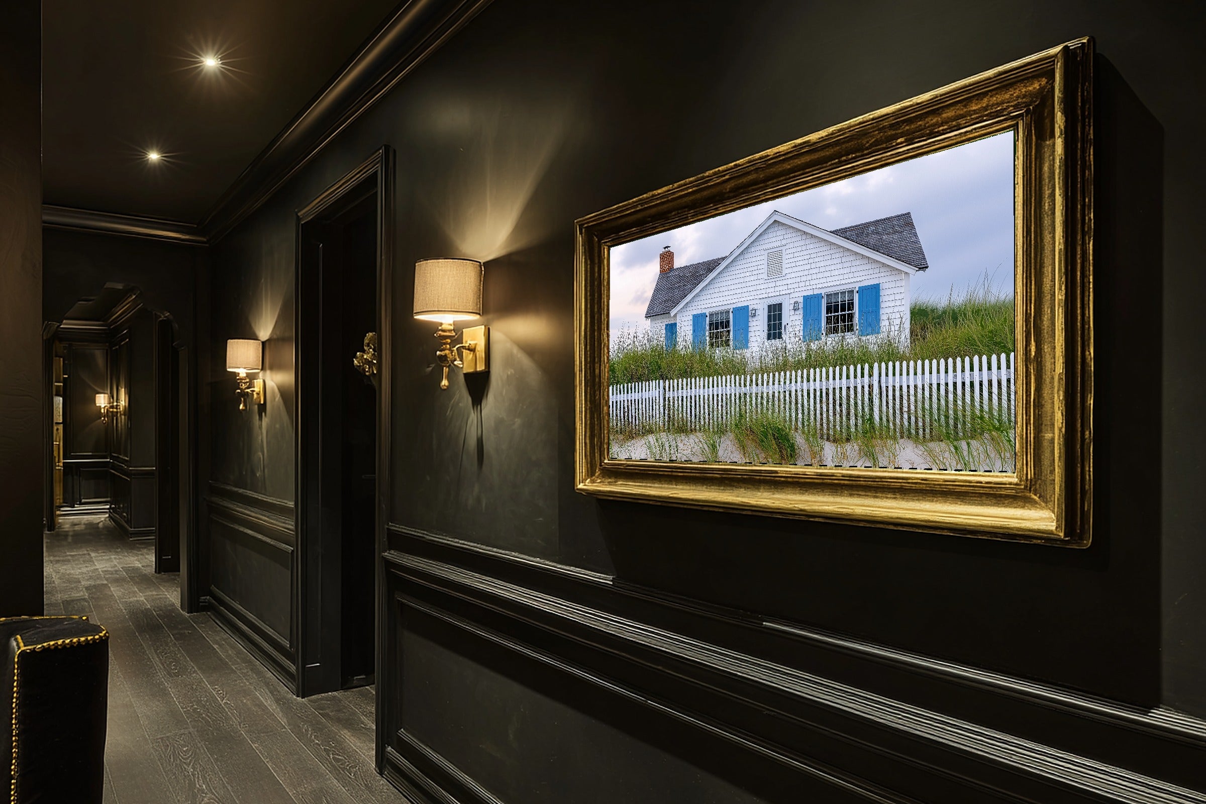 Soulful Hamptons Beach House Blue Shutters — Sunlit Palm Wall Art, Warm Sunroom Decor, Stretched Canvas, Ready to Hang — hamptons-beach-house-blue-shutters-hallway-wall-art.jpg