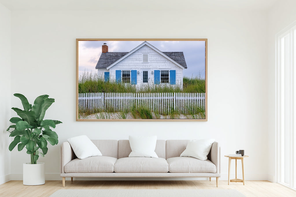 Soulful Hamptons Beach House Blue Shutters — Sunlit Palm Wall Art, Warm Sunroom Decor, Stretched Canvas, Ready to Hang — hamptons-beach-house-blue-shutters-living-room-wall-art.jpg