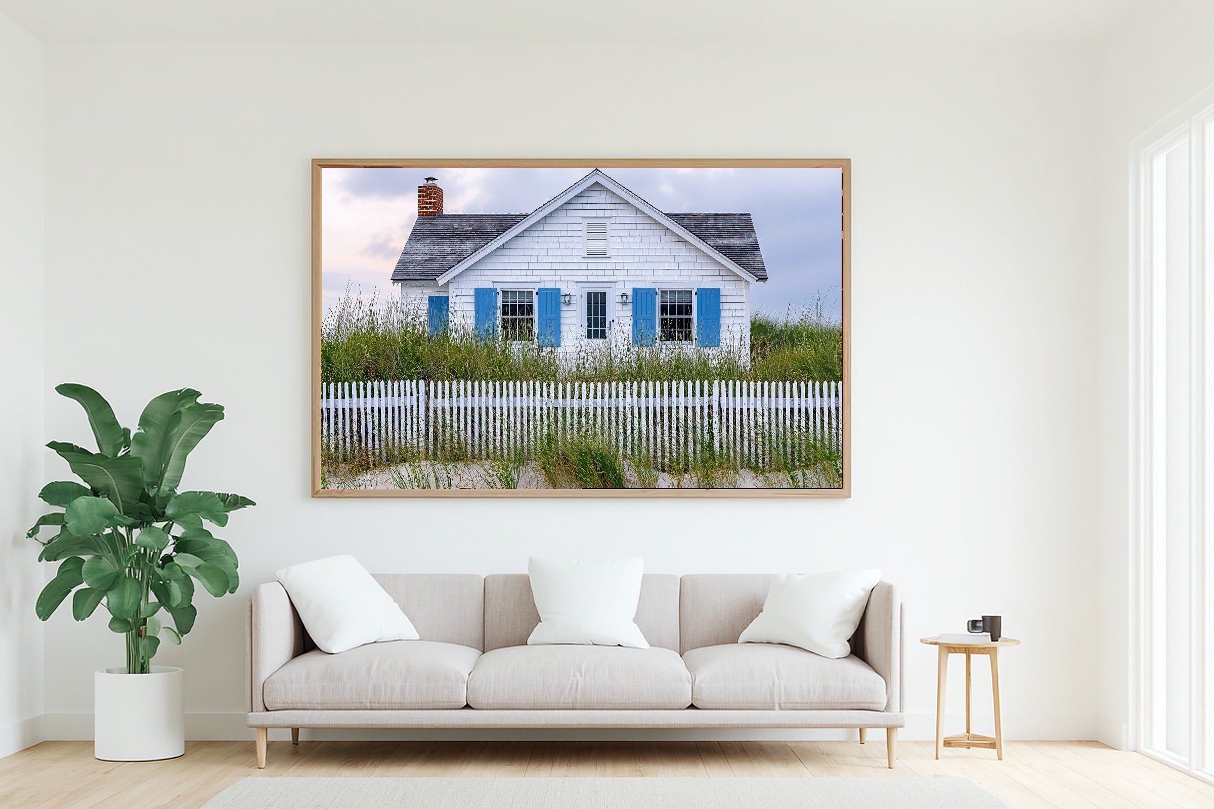 Soulful Hamptons Beach House Blue Shutters — Sunlit Palm Wall Art, Warm Sunroom Decor, Stretched Canvas, Ready to Hang — hamptons-beach-house-blue-shutters-living-room-wall-art.jpg
