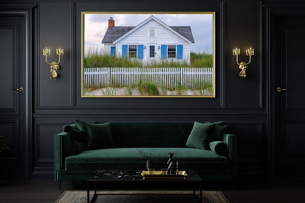 Soulful Hamptons Beach House Blue Shutters — Sunlit Palm Wall Art, Warm Sunroom Decor, Stretched Canvas, Ready to Hang — hamptons-beach-house-blue-shutters-office-wall-art.jpg