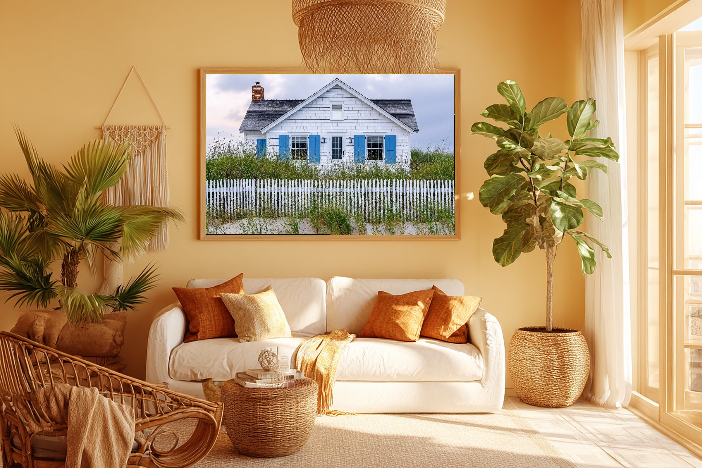 Soulful Hamptons Beach House Blue Shutters — Sunlit Palm Wall Art, Warm Sunroom Decor, Stretched Canvas, Ready to Hang — hamptons-beach-house-blue-shutters-room-5-wall-art.jpg