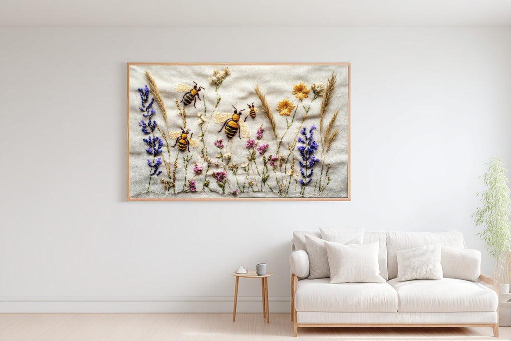 Hand Stitched Bee Garden Canvas Print, Soft Meadow Print Wall Art, Modern Cottage Kitchen Art, Gift Under 100 — hand-stitched-bee-garden-bedroom-wall-art.jpg