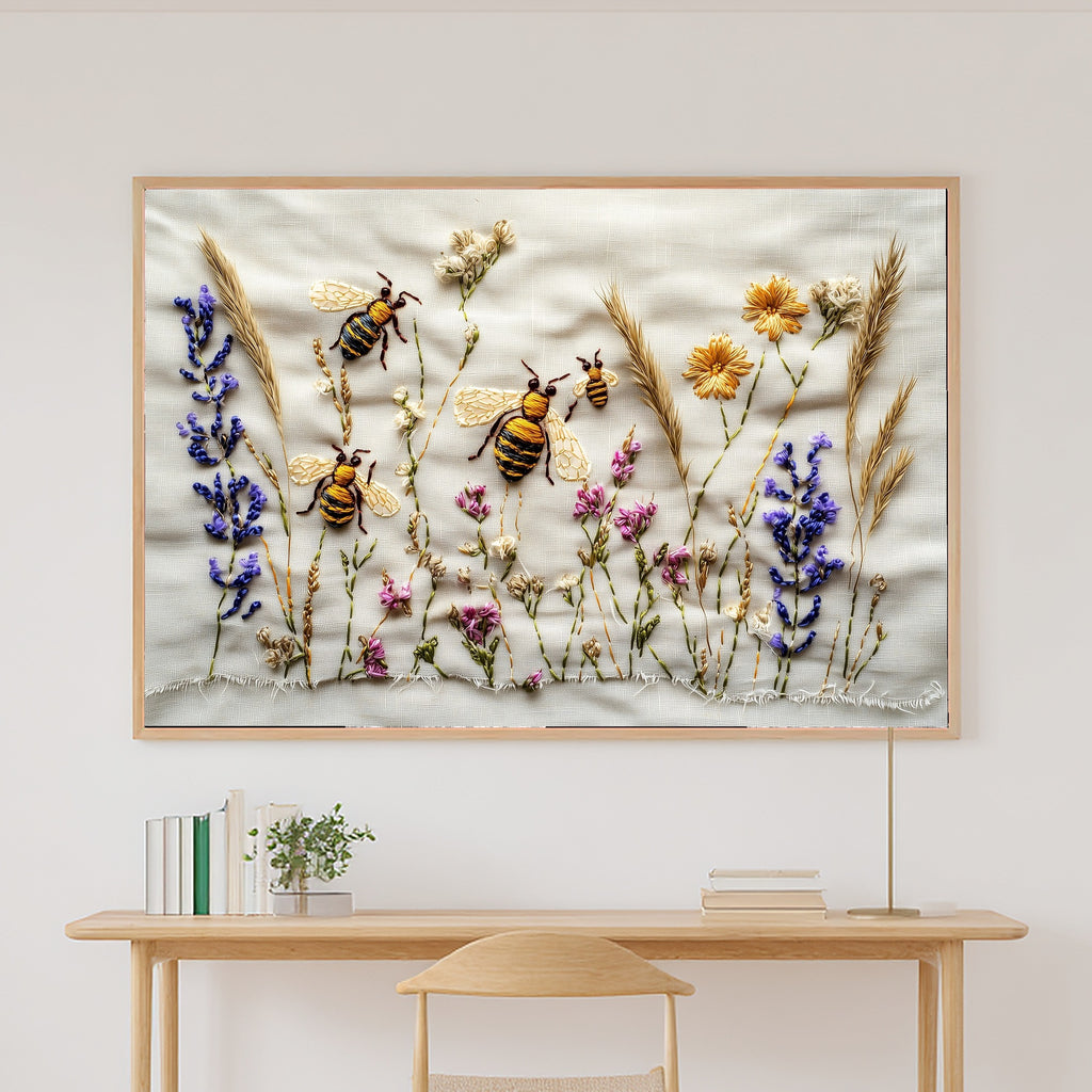 Hand Stitched Bee Garden Canvas Print, Soft Meadow Print Wall Art, Modern Cottage Kitchen Art, Gift Under 100 — hand-stitched-bee-garden-canvas-print.jpg