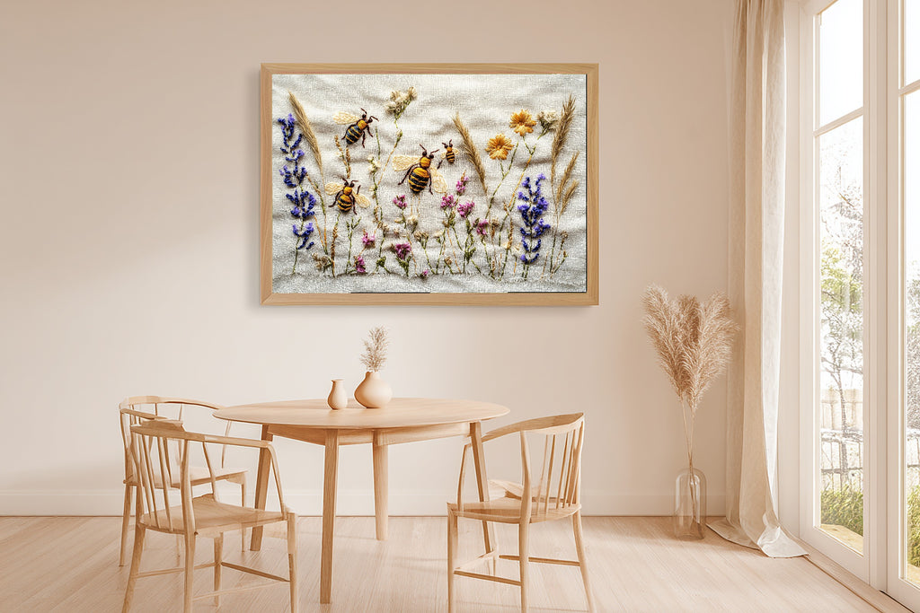 Hand Stitched Bee Garden Canvas Print, Soft Meadow Print Wall Art, Modern Cottage Kitchen Art, Gift Under 100 — hand-stitched-bee-garden-dining-room-wall-art.jpg