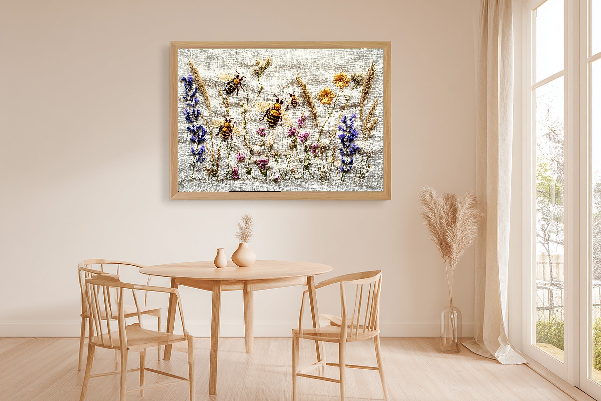 Hand Stitched Bee Garden Canvas Print, Soft Meadow Print Wall Art, Modern Cottage Kitchen Art, Gift Under 100 — hand-stitched-bee-garden-dining-room-wall-art.jpg