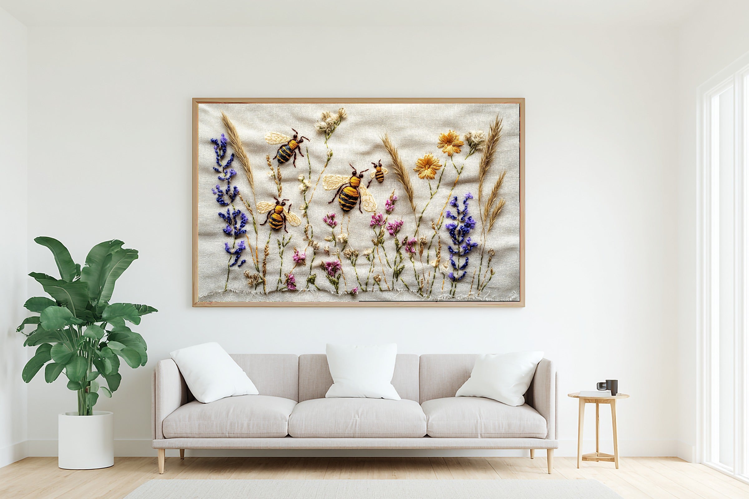 Hand Stitched Bee Garden Canvas Print, Soft Meadow Print Wall Art, Modern Cottage Kitchen Art, Gift Under 100 — hand-stitched-bee-garden-living-room-wall-art.jpg