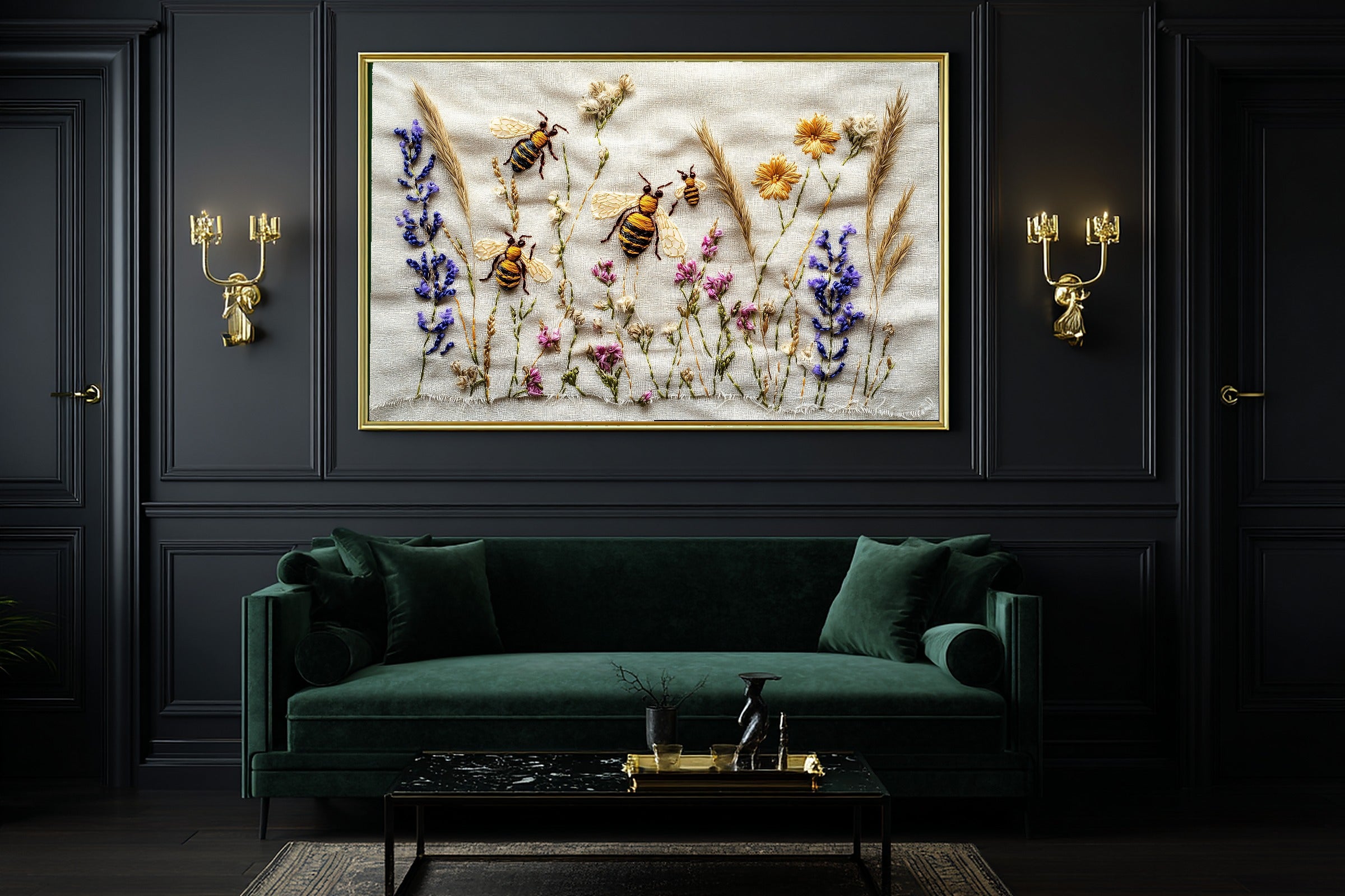 Hand Stitched Bee Garden Canvas Print, Soft Meadow Print Wall Art, Modern Cottage Kitchen Art, Gift Under 100 — hand-stitched-bee-garden-office-wall-art.jpg