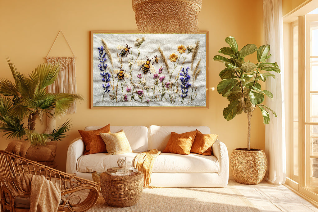 Hand Stitched Bee Garden Canvas Print, Soft Meadow Print Wall Art, Modern Cottage Kitchen Art, Gift Under 100 — hand-stitched-bee-garden-room-5-wall-art.jpg