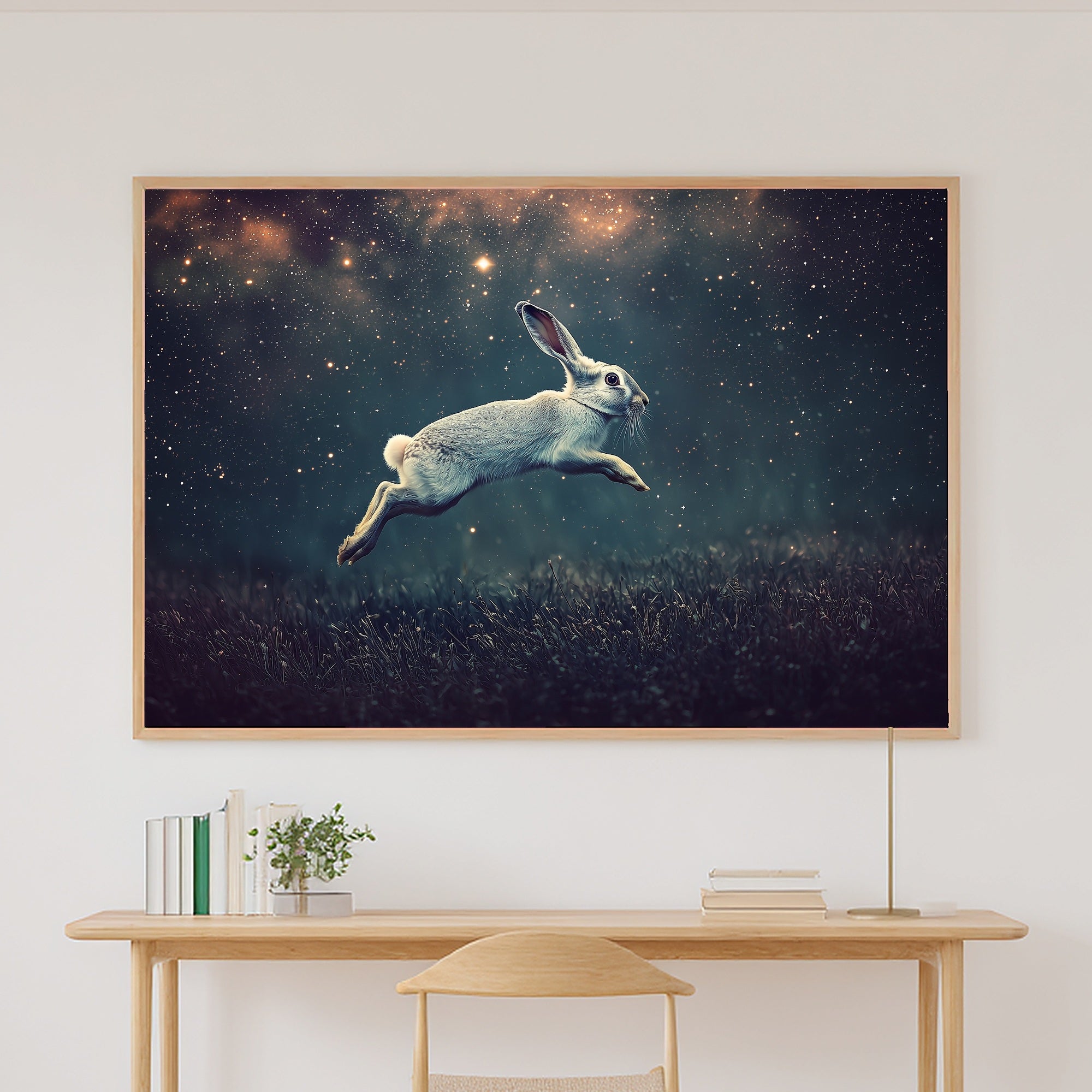 Hare Stars Midnight Meadow Canvas Wall Art, Dreamy Timeless Artwork, Cozy Neutral Palette Bedroom Art, Wedding Gift for Couples — hare-stars-midnight-meadow-canvas-print.jpg