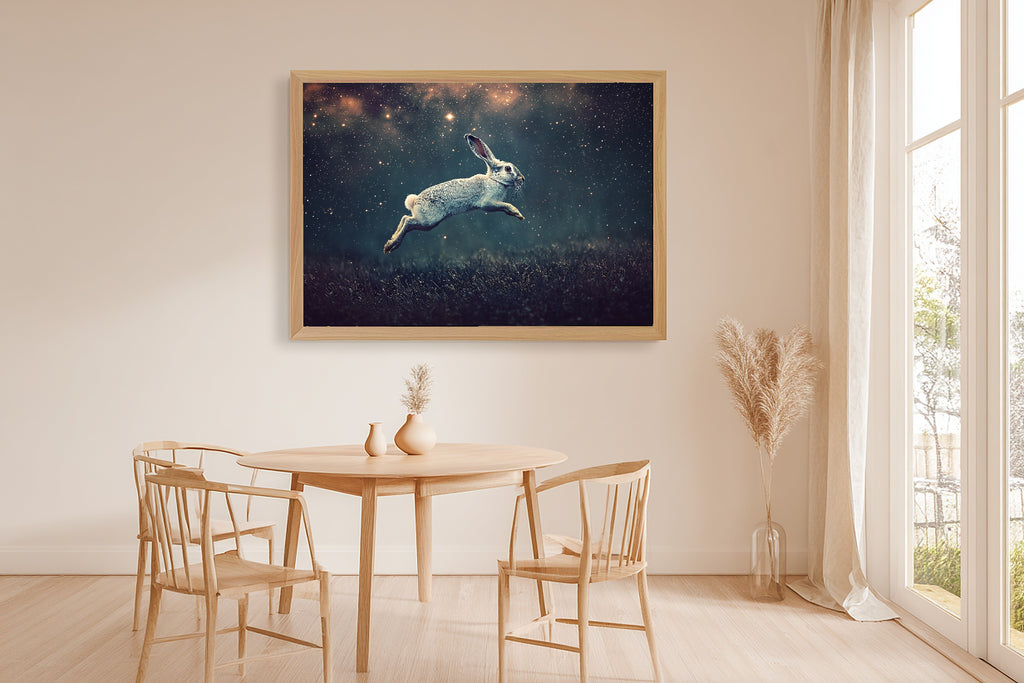 Hare Stars Midnight Meadow Canvas Wall Art, Dreamy Timeless Artwork, Cozy Neutral Palette Bedroom Art, Wedding Gift for Couples — hare-stars-midnight-meadow-dining-room-wall-art.jpg