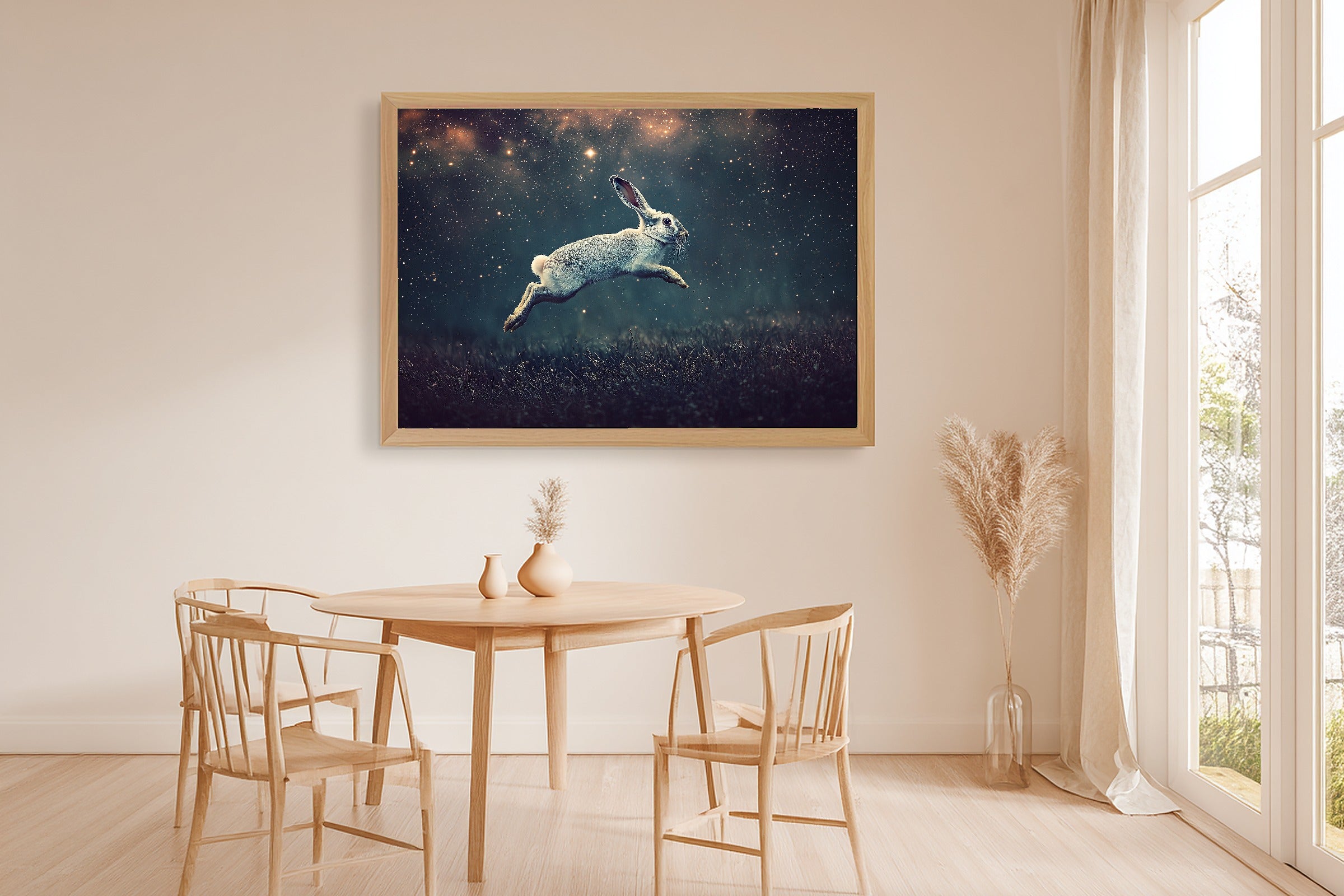 Hare Stars Midnight Meadow Canvas Wall Art, Dreamy Timeless Artwork, Cozy Neutral Palette Bedroom Art, Wedding Gift for Couples — hare-stars-midnight-meadow-dining-room-wall-art.jpg