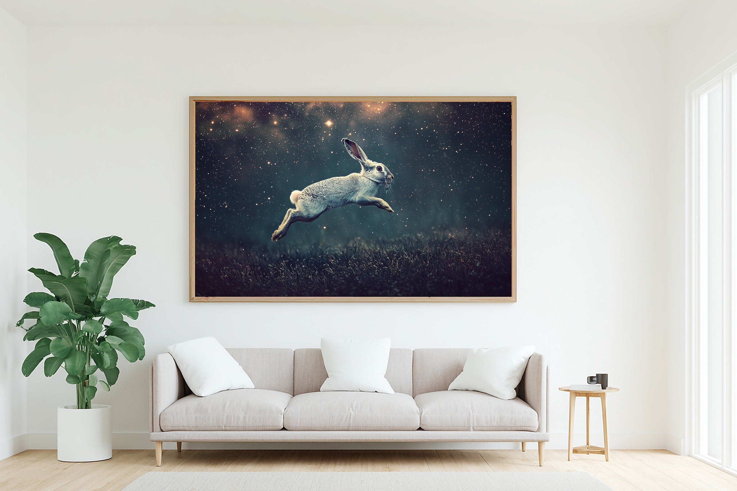 Hare Stars Midnight Meadow Canvas Wall Art, Dreamy Timeless Artwork, Cozy Neutral Palette Bedroom Art, Wedding Gift for Couples — hare-stars-midnight-meadow-living-room-wall-art.jpg