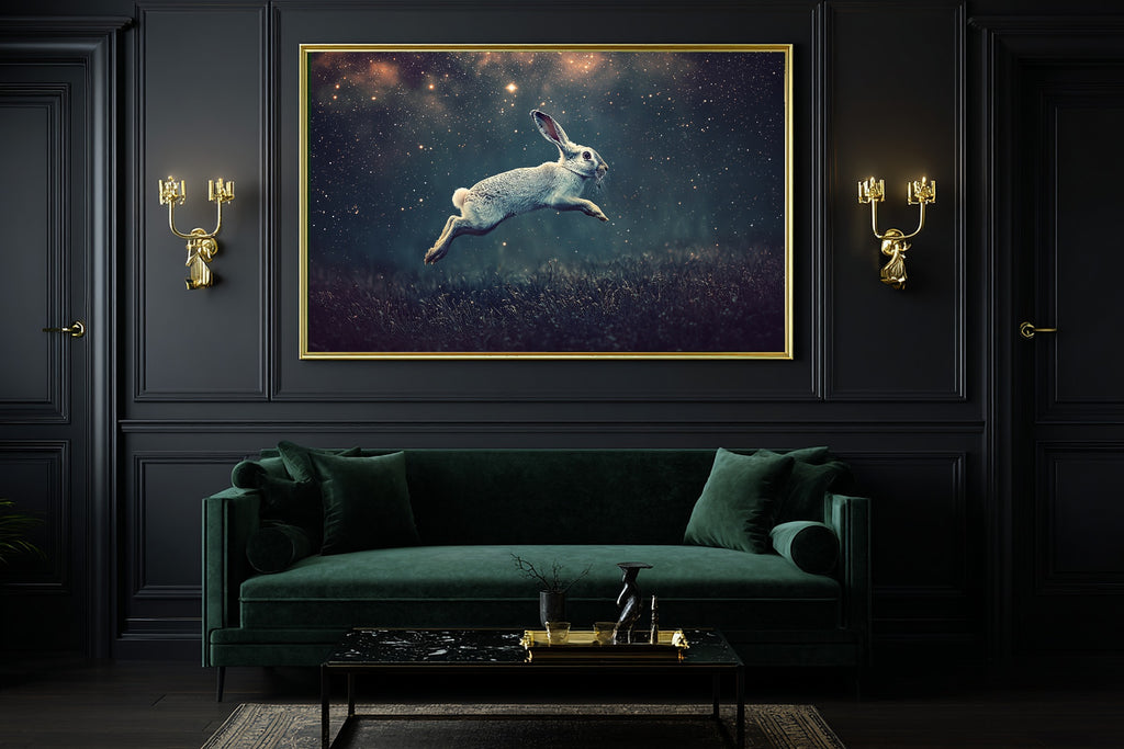 Hare Stars Midnight Meadow Canvas Wall Art, Dreamy Timeless Artwork, Cozy Neutral Palette Bedroom Art, Wedding Gift for Couples — hare-stars-midnight-meadow-office-wall-art.jpg