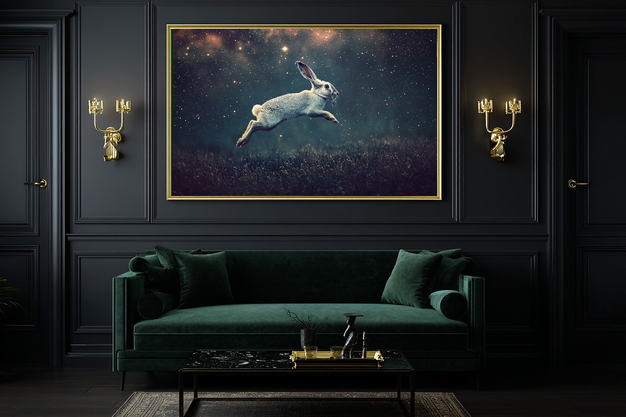 Hare Stars Midnight Meadow Canvas Wall Art, Dreamy Timeless Artwork, Cozy Neutral Palette Bedroom Art, Wedding Gift for Couples — hare-stars-midnight-meadow-office-wall-art.jpg
