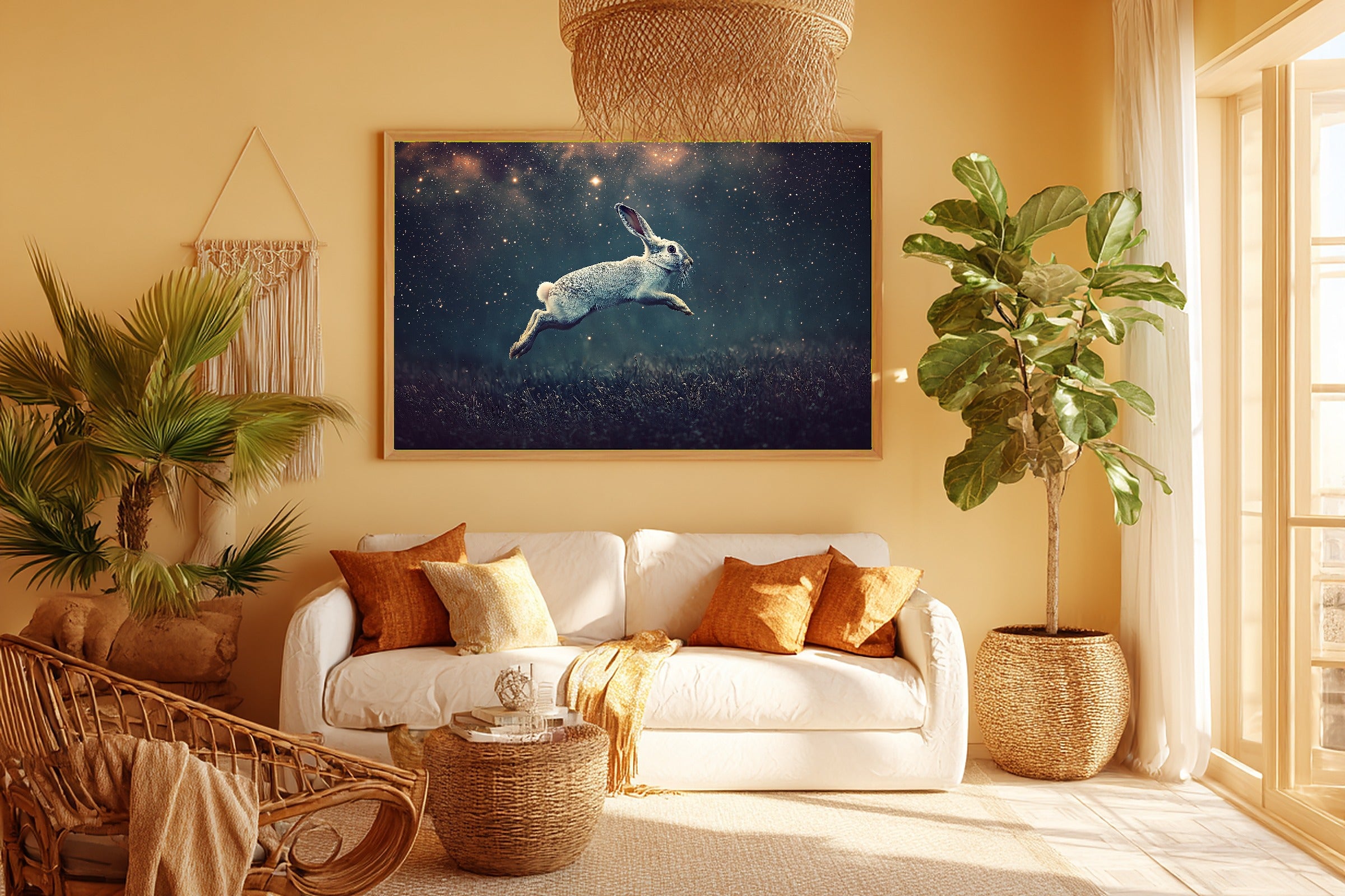 Hare Stars Midnight Meadow Canvas Wall Art, Dreamy Timeless Artwork, Cozy Neutral Palette Bedroom Art, Wedding Gift for Couples — hare-stars-midnight-meadow-room-5-wall-art.jpg