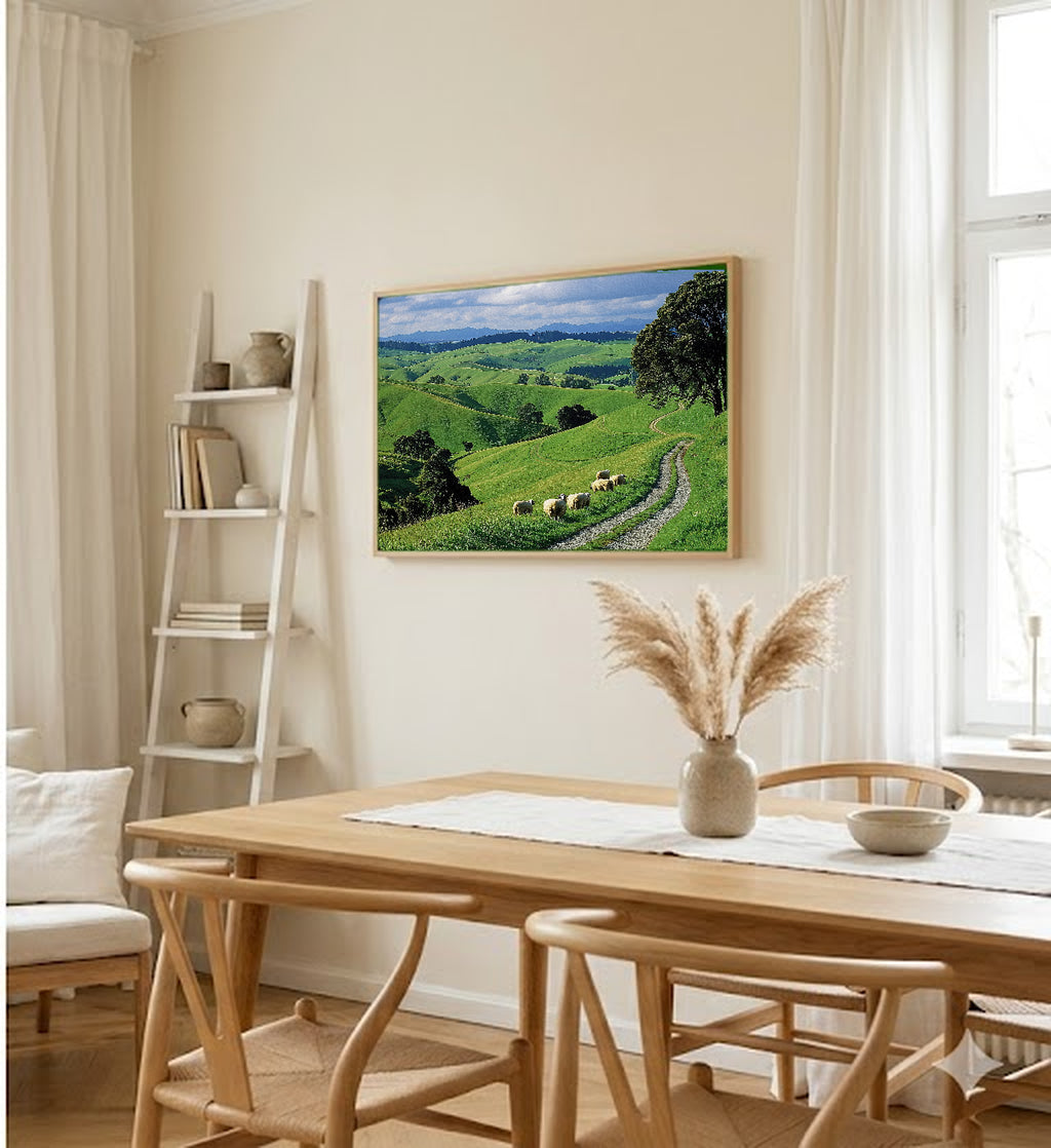 Hobbiton Canvas Wall Art | New Zealand Countryside Print, Rolling Hills, Fantasy Decor, Stretched Canvas — hobbit-shire-newzealand-dining-room-wall-art.jpg
