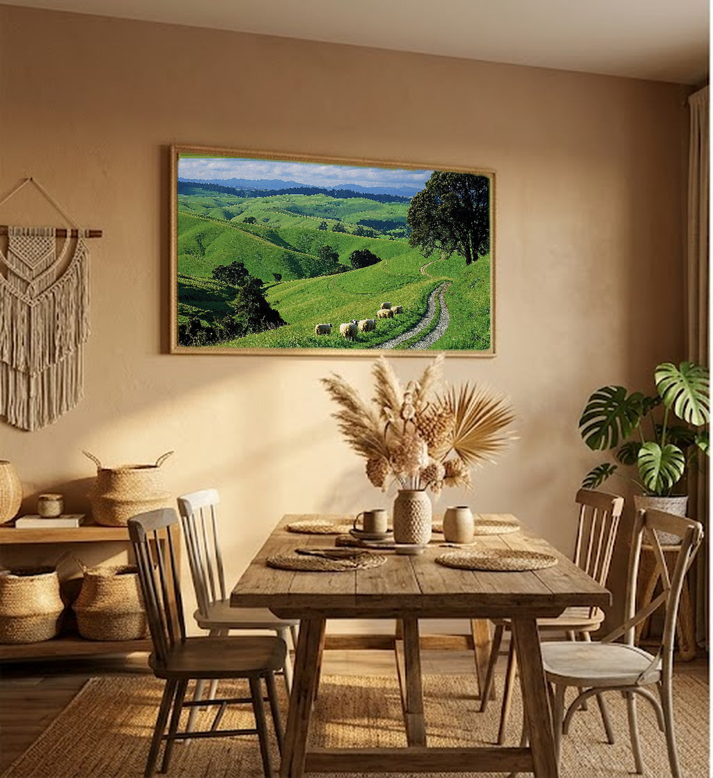 Hobbiton Canvas Wall Art | New Zealand Countryside Print, Rolling Hills, Fantasy Decor, Stretched Canvas — hobbit-shire-newzealand-hallway-wall-art.jpg