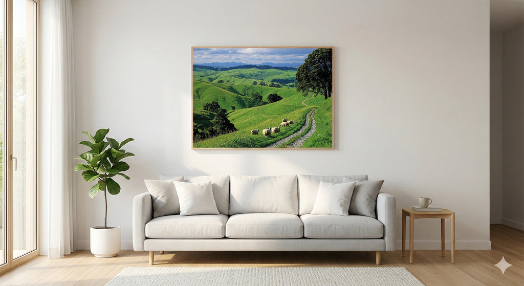 Hobbiton Canvas Wall Art | New Zealand Countryside Print, Rolling Hills, Fantasy Decor, Stretched Canvas — hobbit-shire-newzealand-living-room-wall-art.jpg